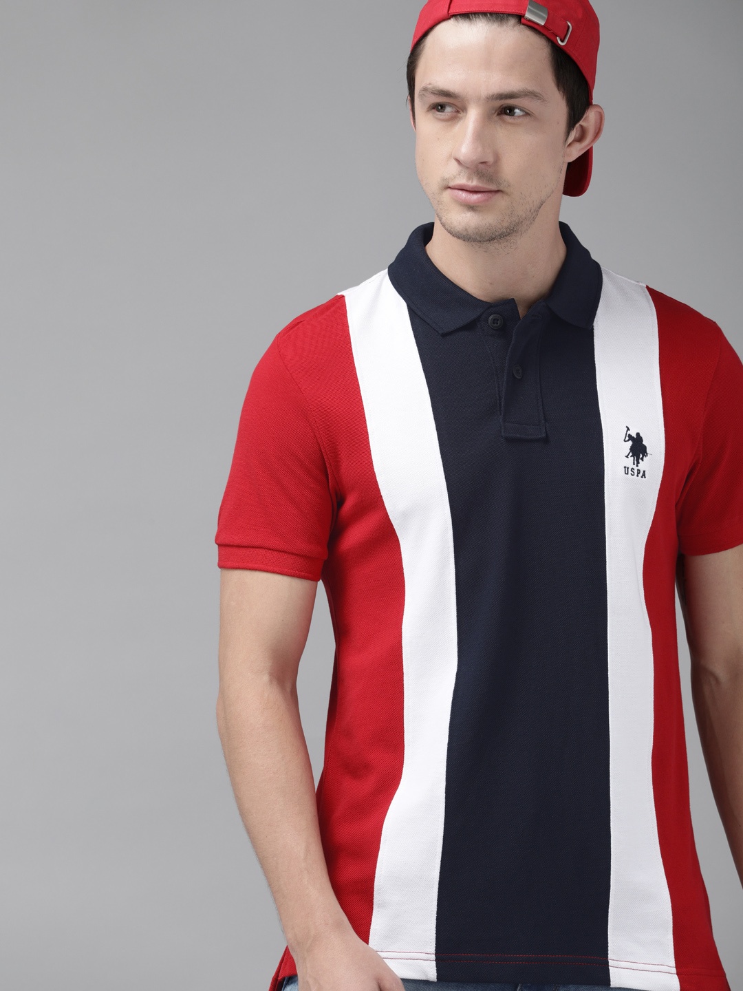 

U.S. Polo Assn. Men Red White Striped Round Neck Pure Cotton T-shirt