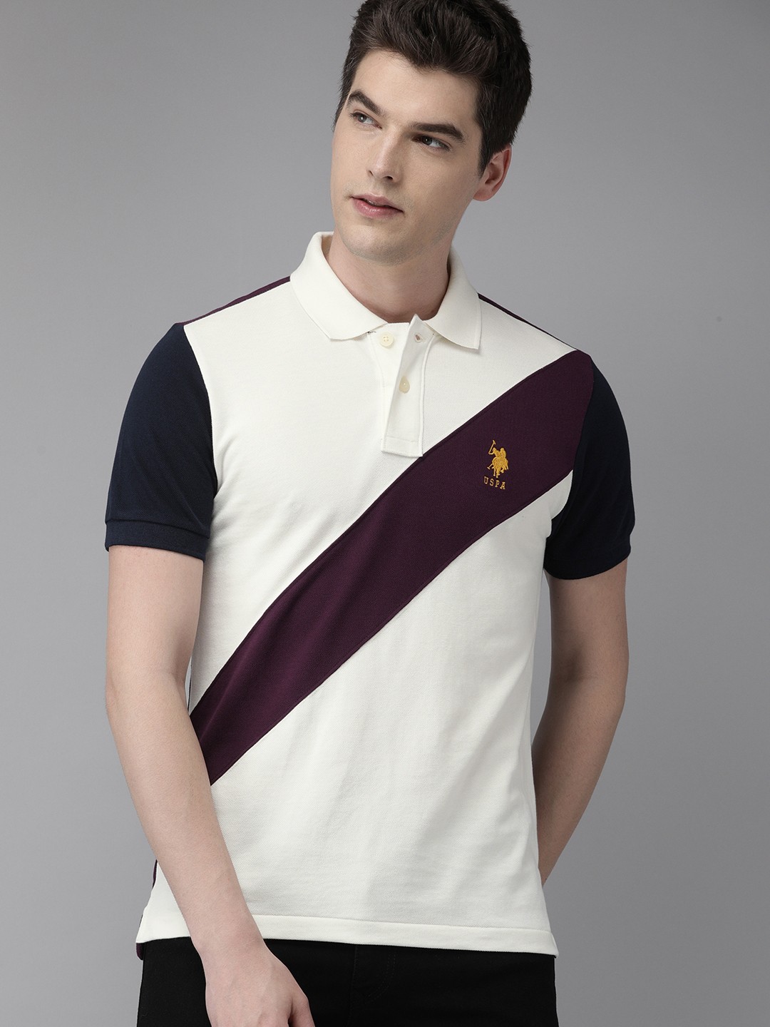 

U.S. Polo Assn. Men White Purple Colourblocked Polo Collar Pure Cotton T-shirt