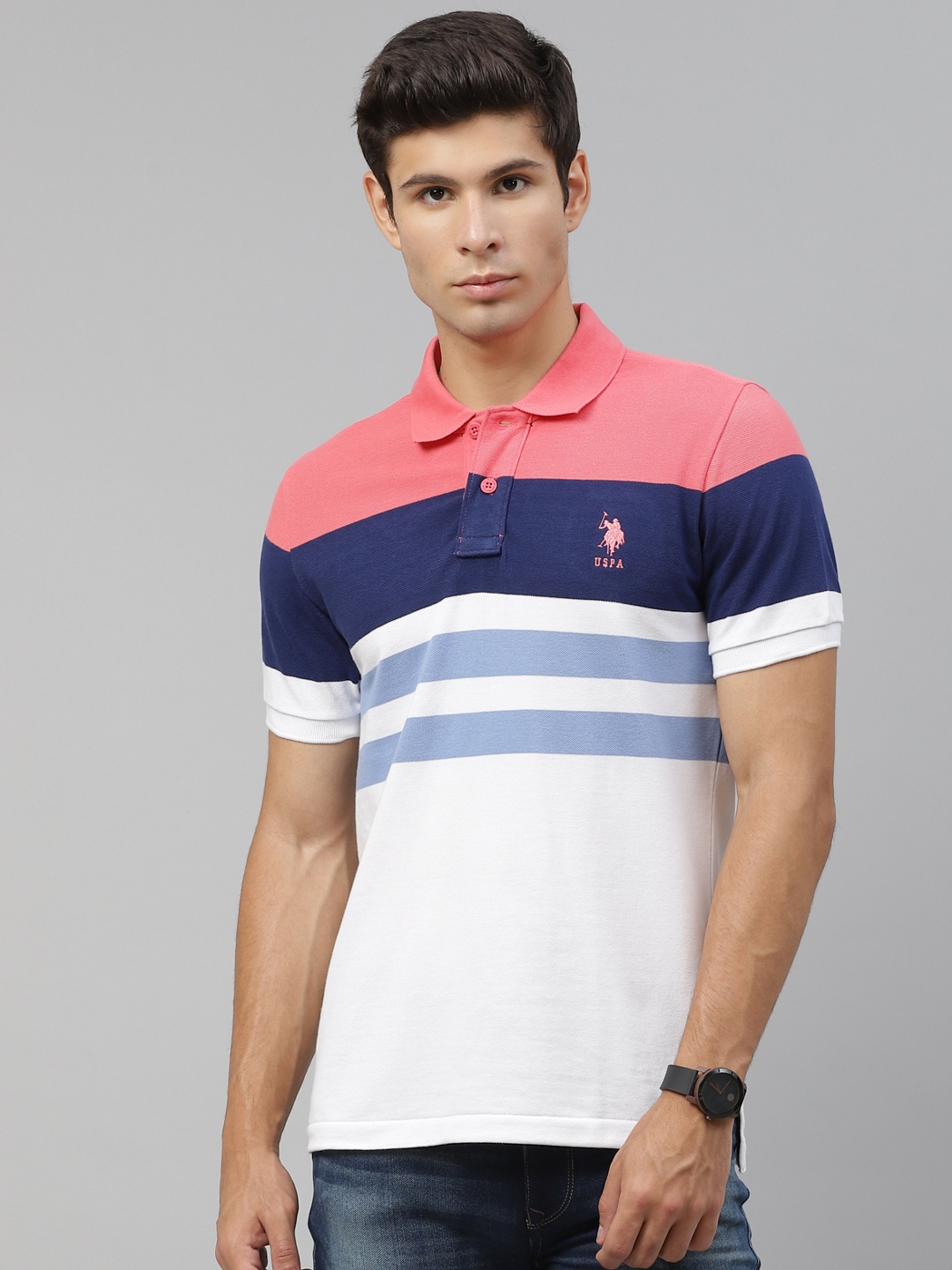 

U S Polo Assn Men White & Blue Striped Pure Cotton T-shirt