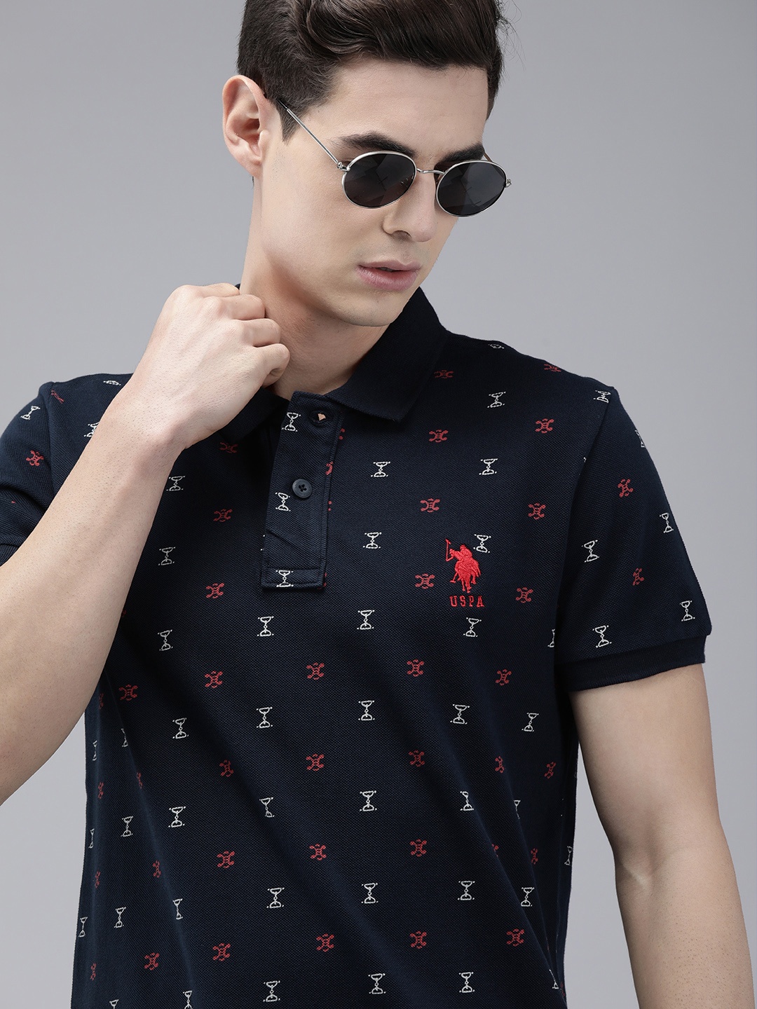 

U.S. Polo Assn. Men Navy Blue White Slim Fit Conversational Printed Polo Collar Pure Cotton T-shirt