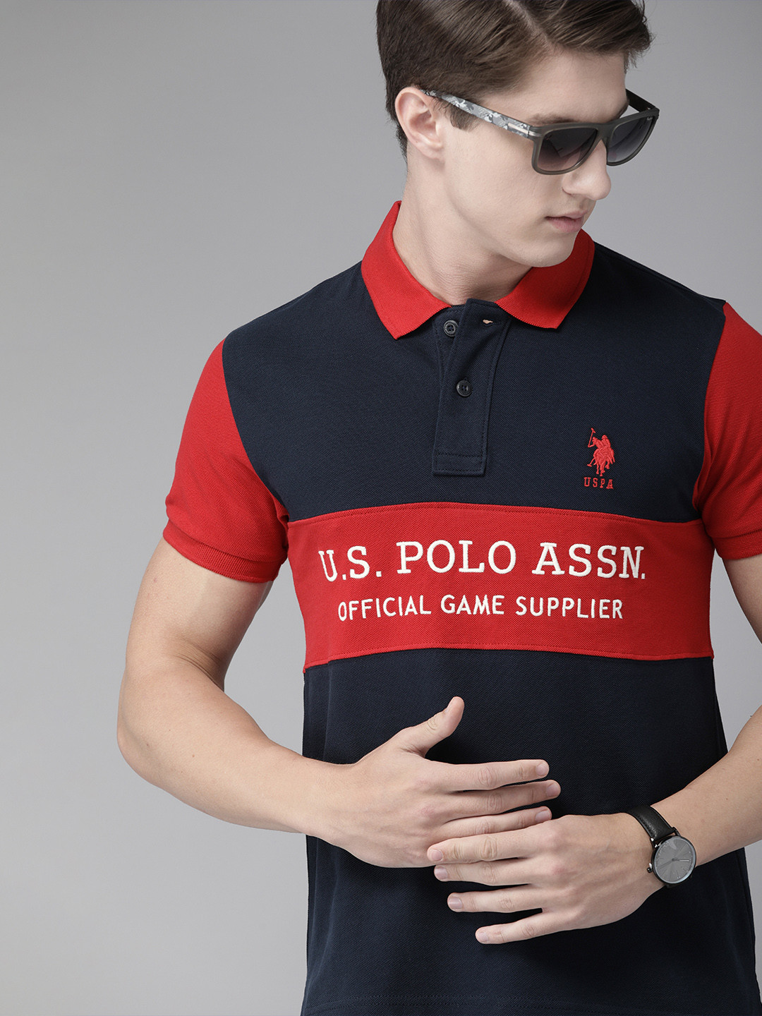 

U.S. Polo Assn. Men Blue Colourblocked Polo Collar Pure Cotton T-shirt