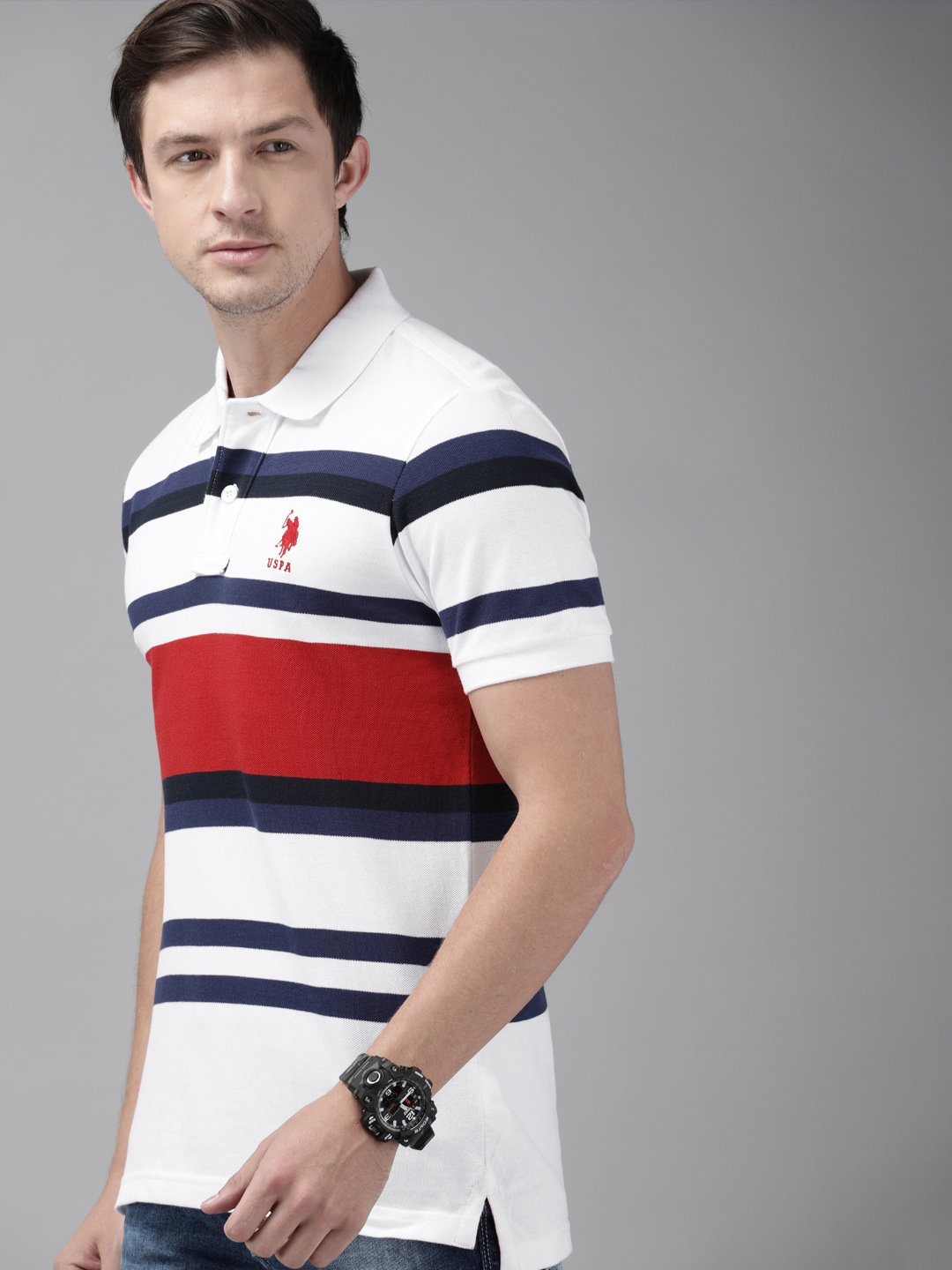 

U.S. Polo Assn. Men White Navy Blue Striped Round Neck Pure Cotton T-shirt