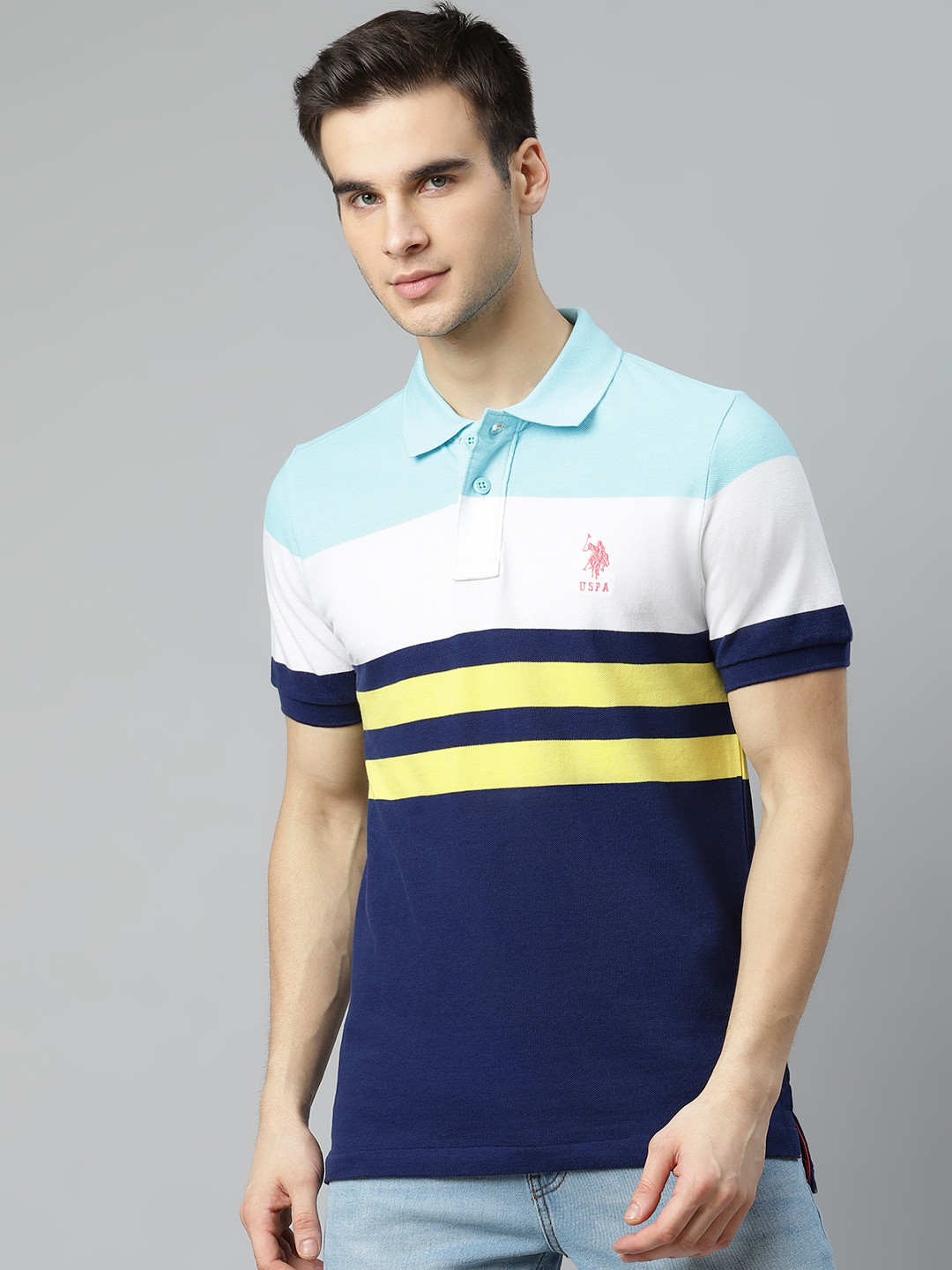 

U.S. Polo Assn. Men Blue & Yellow Striped Pure Cotton Polo Collar T-shirt