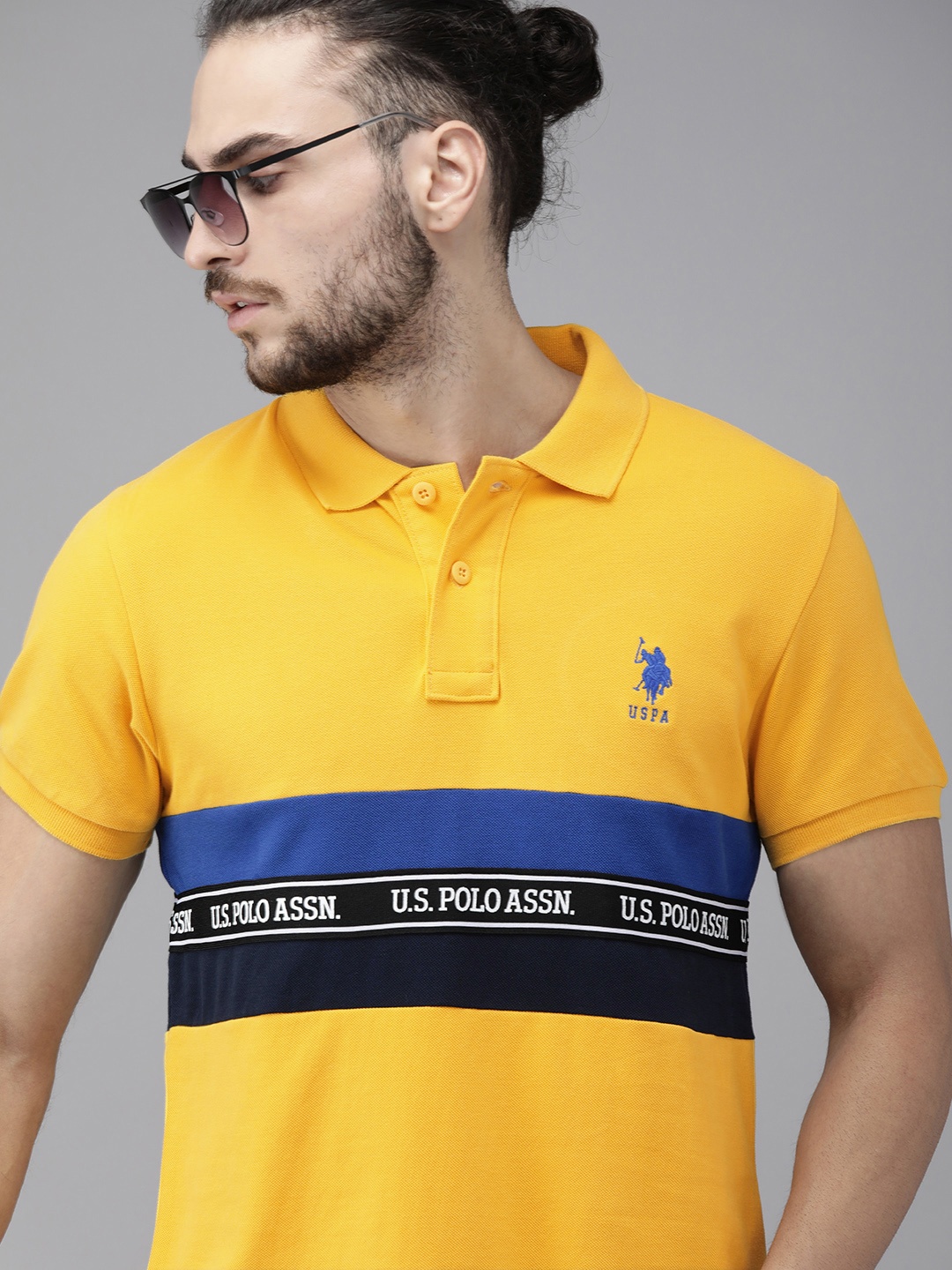 

U.S. Polo Assn. Men Mustard Yellow & Blue Pure Cotton Striped Polo Collar T-shirt