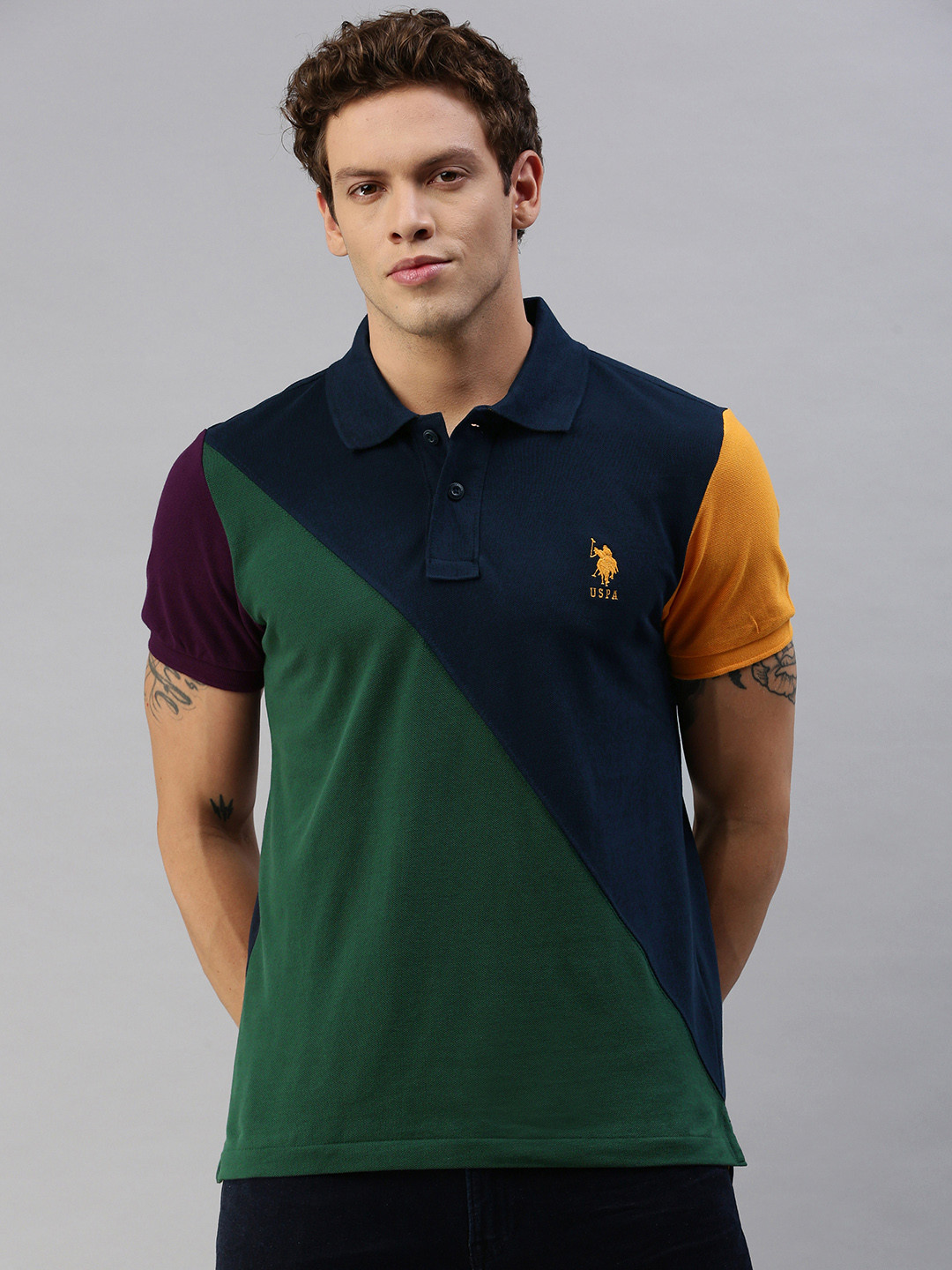 

U.S. Polo Assn. Men Teal blue & Olive Green Colourblocked Polo Collar T-shirt