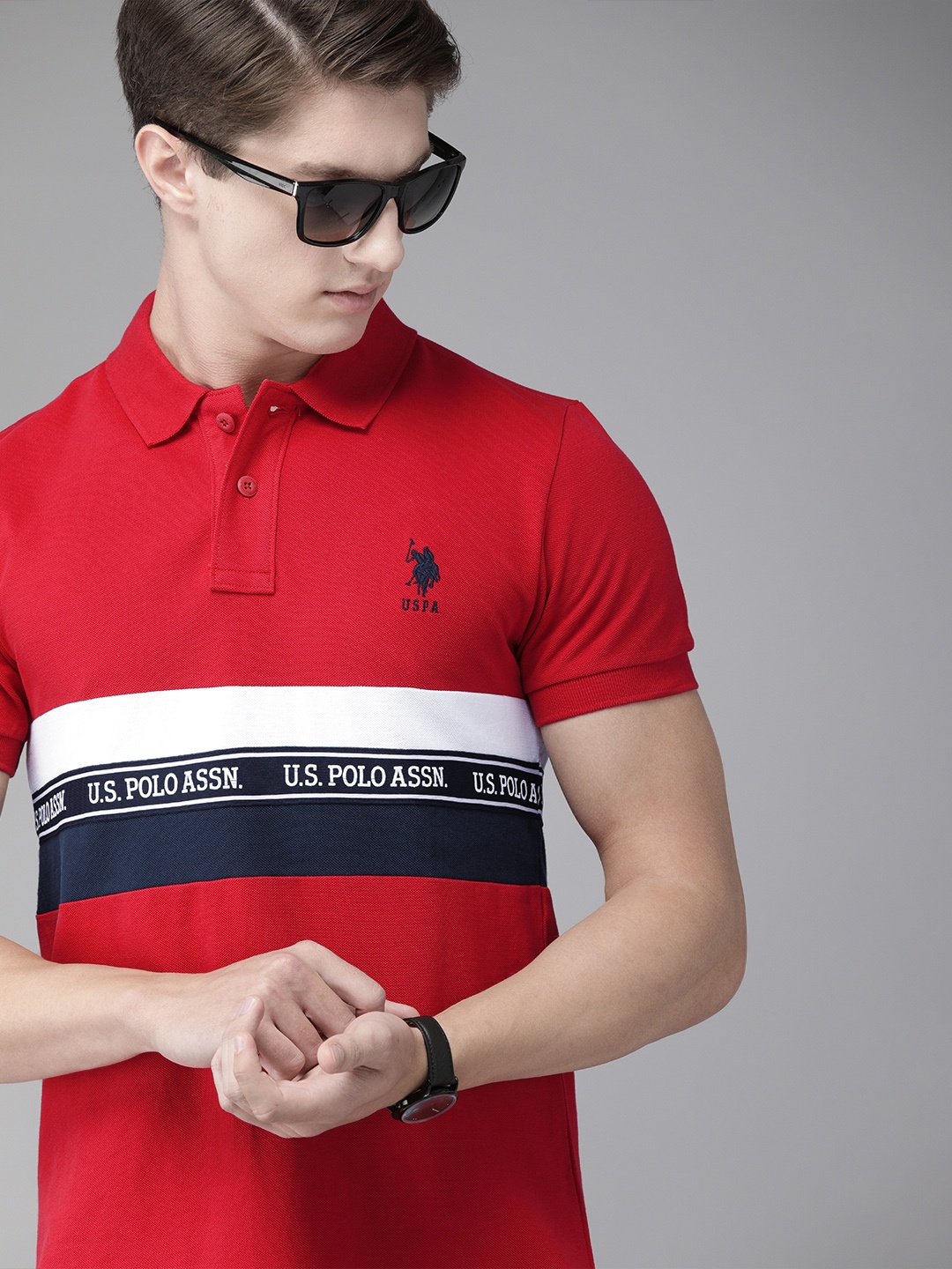 

U.S. Polo Assn. Men Red Striped Polo Collar Pure Cotton T-shirt