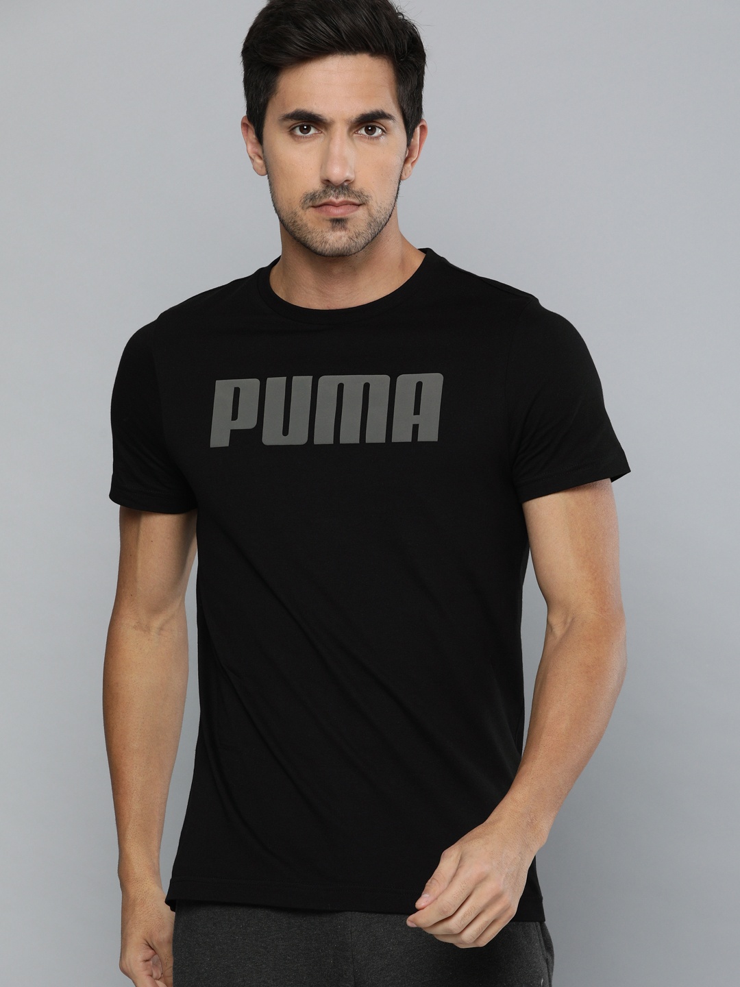 

Puma Men Black Grey Slim Fit Printed MODERN BASICS Round Neck Pure Cotton T-shirt