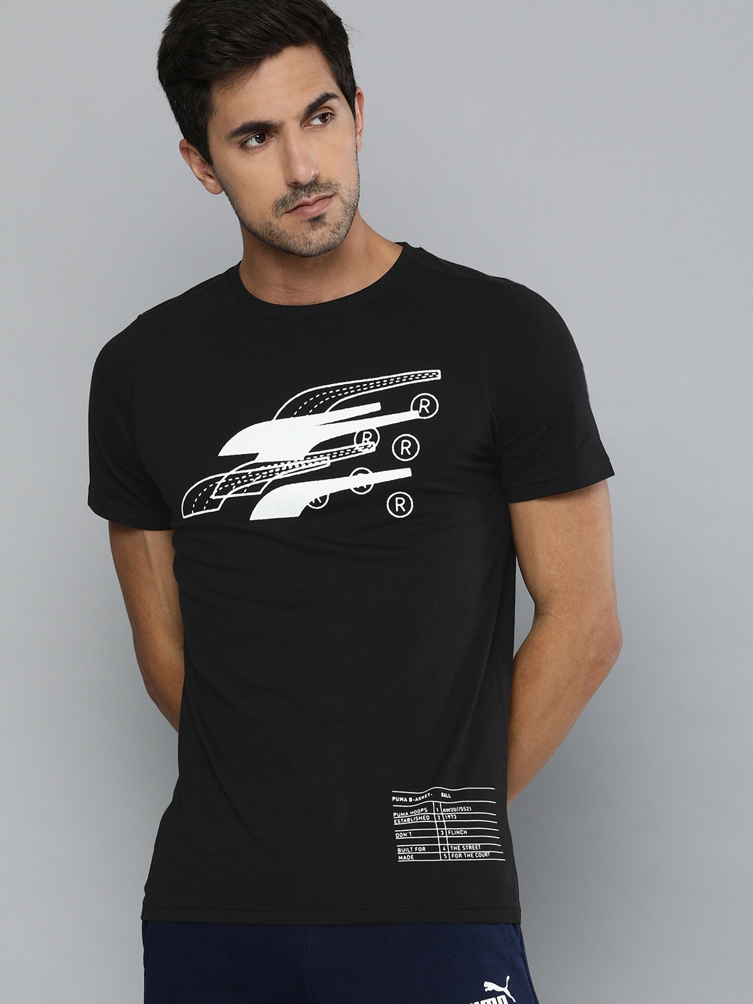

PUMA Hoops Men Black White BP SS Printed Round Neck Pure Cotton T-shirt