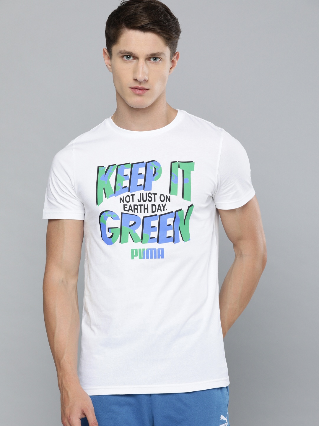 

Puma Men White Green Printed Slim Fit Everfresh Pure Cotton Graphic Key Moments Pure Cotton T-shirt