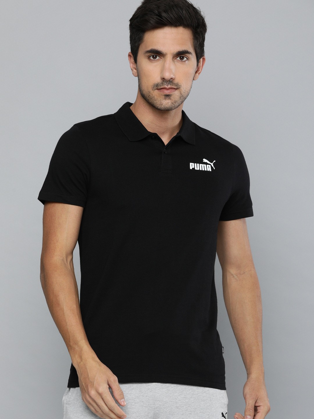 

Puma Men Black Solid ESS Jersey Polo Collar Pure Cotton T-shirt