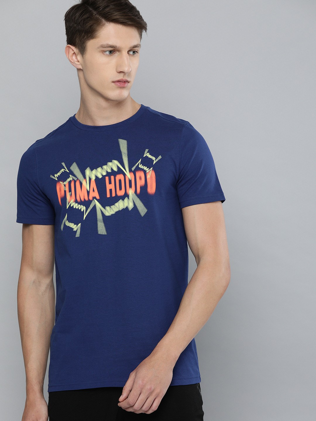 

PUMA Hoops Men Navy Blue Coral Orange Typography Print Pure Cotton BP SS 1 Pure Cotton T-shirt