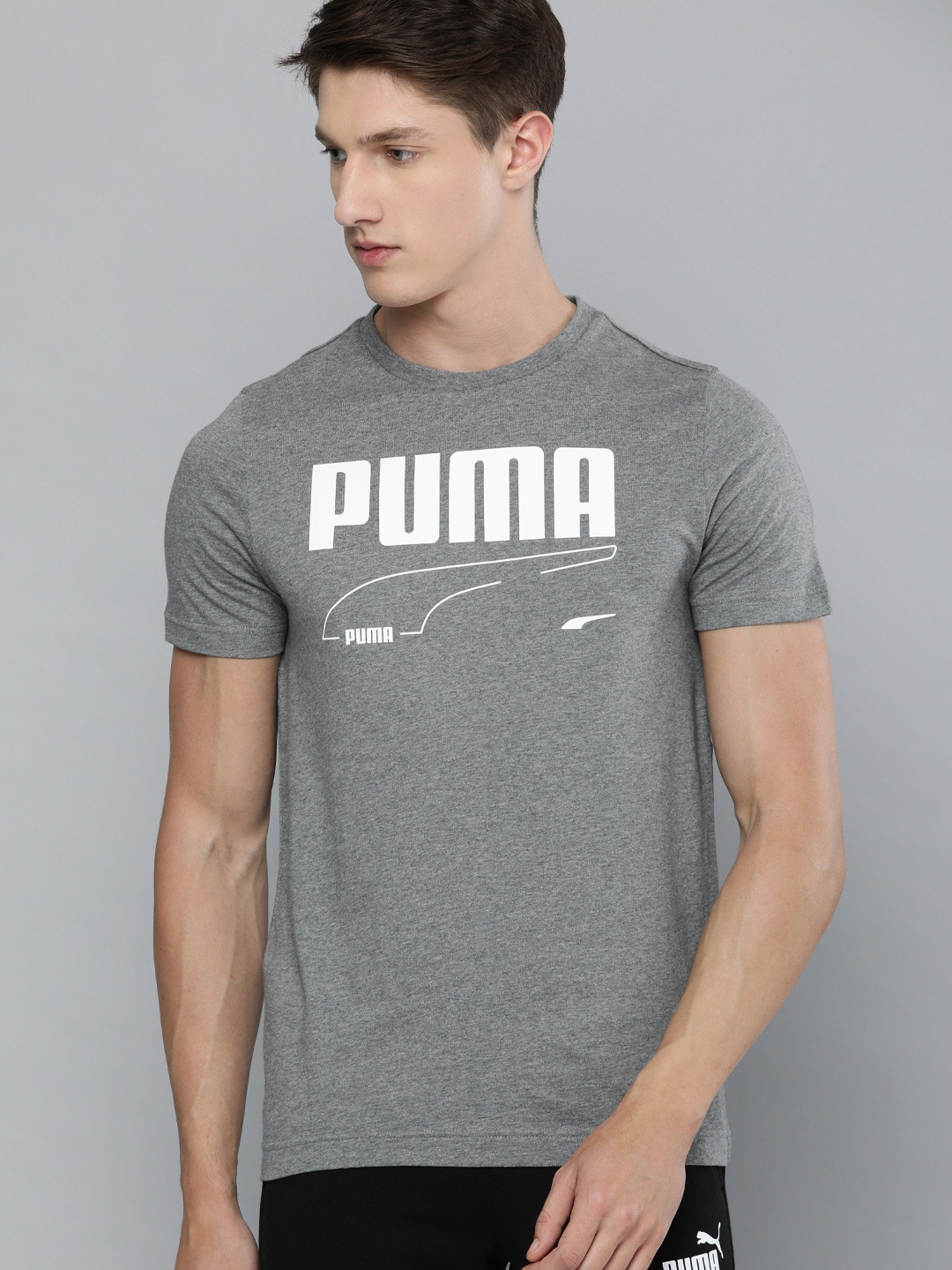 

Puma Men Grey Printed REBEL Round Neck Pure Cotton T-shirt