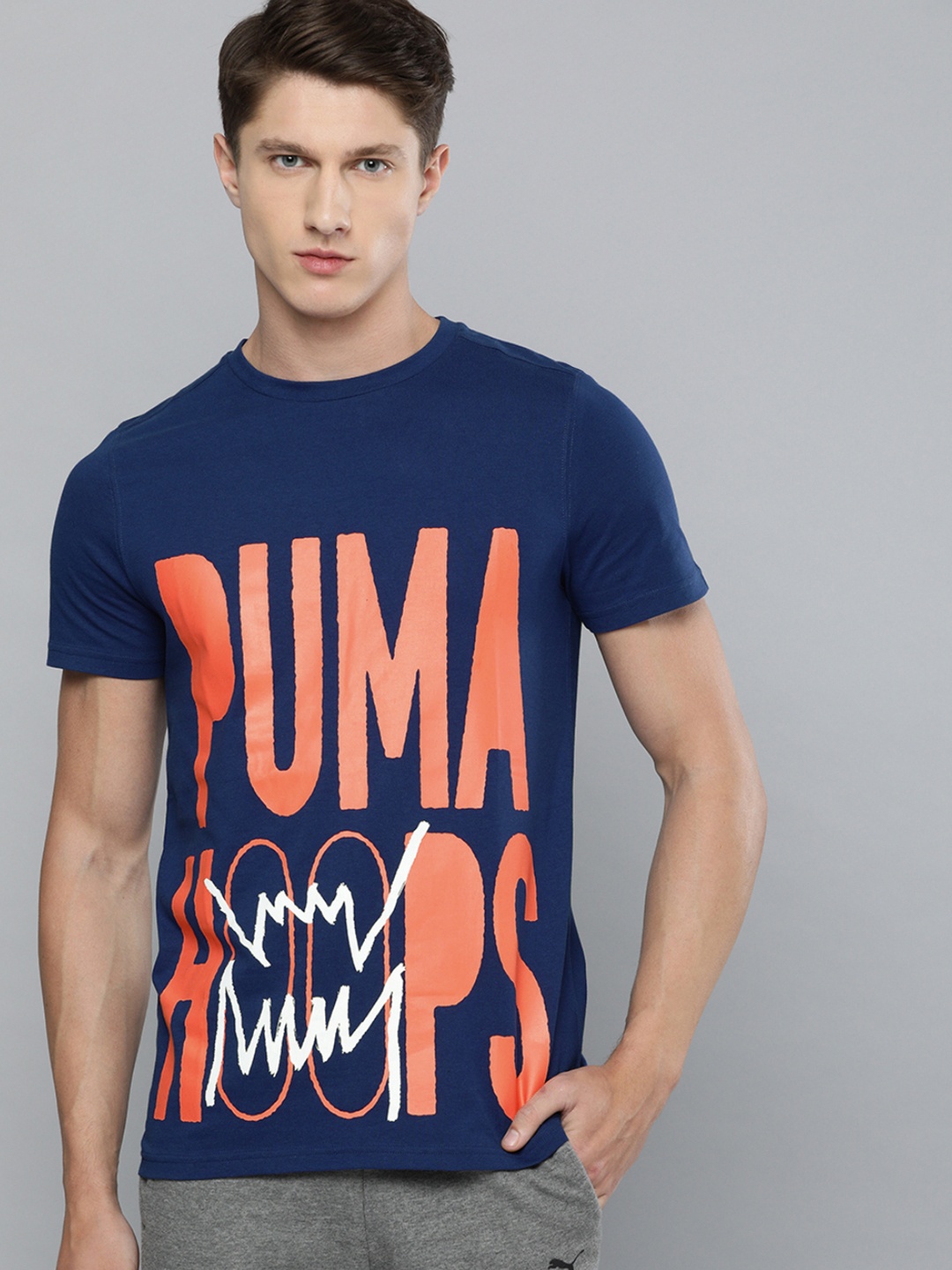 

PUMA Hoops Men Blue Printed Round Neck BP SSPure Cotton T-shirt