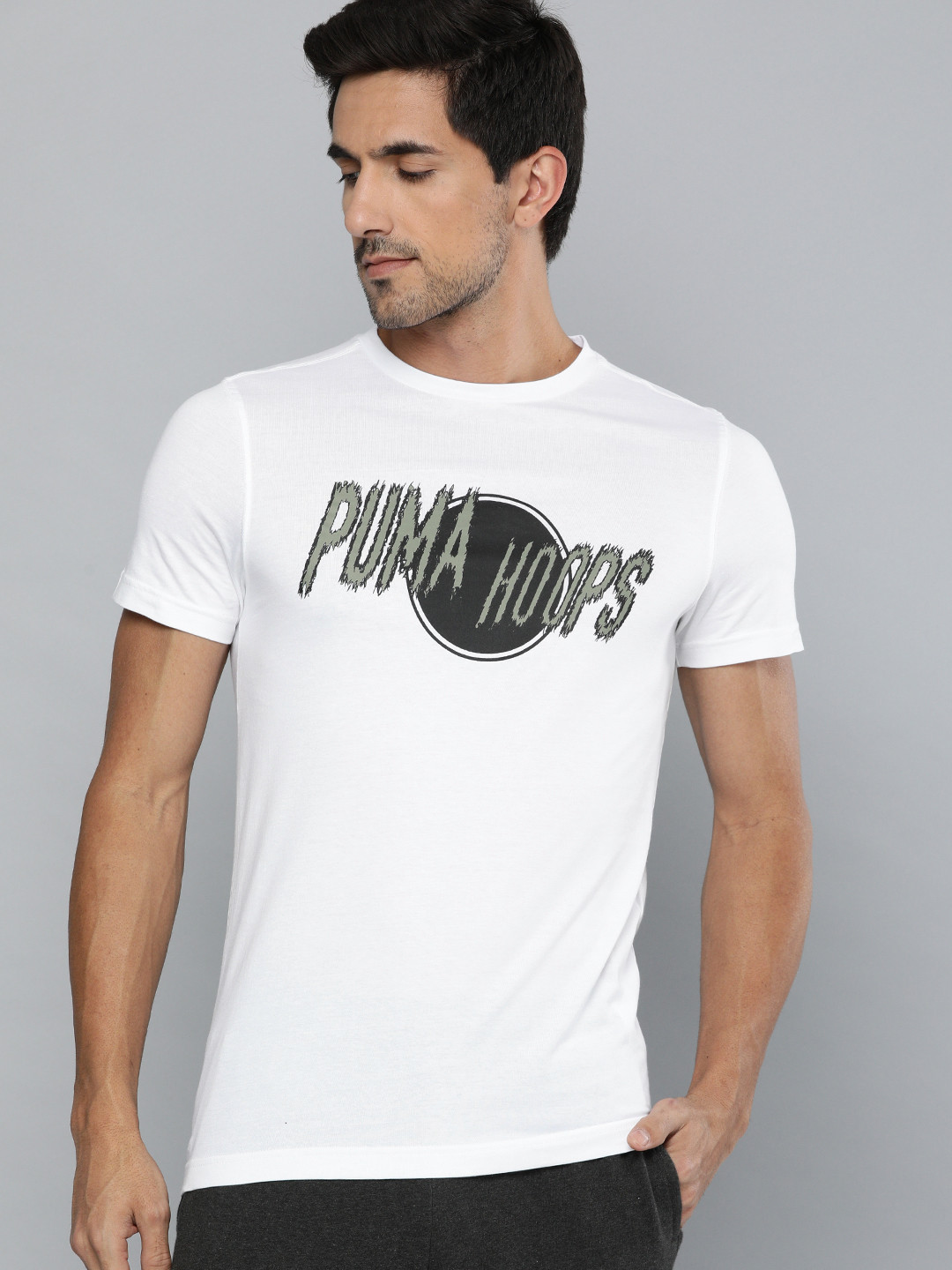 

PUMA Hoops Men White Black Slim Fit Printed Round Neck Pure Cotton T-shirt
