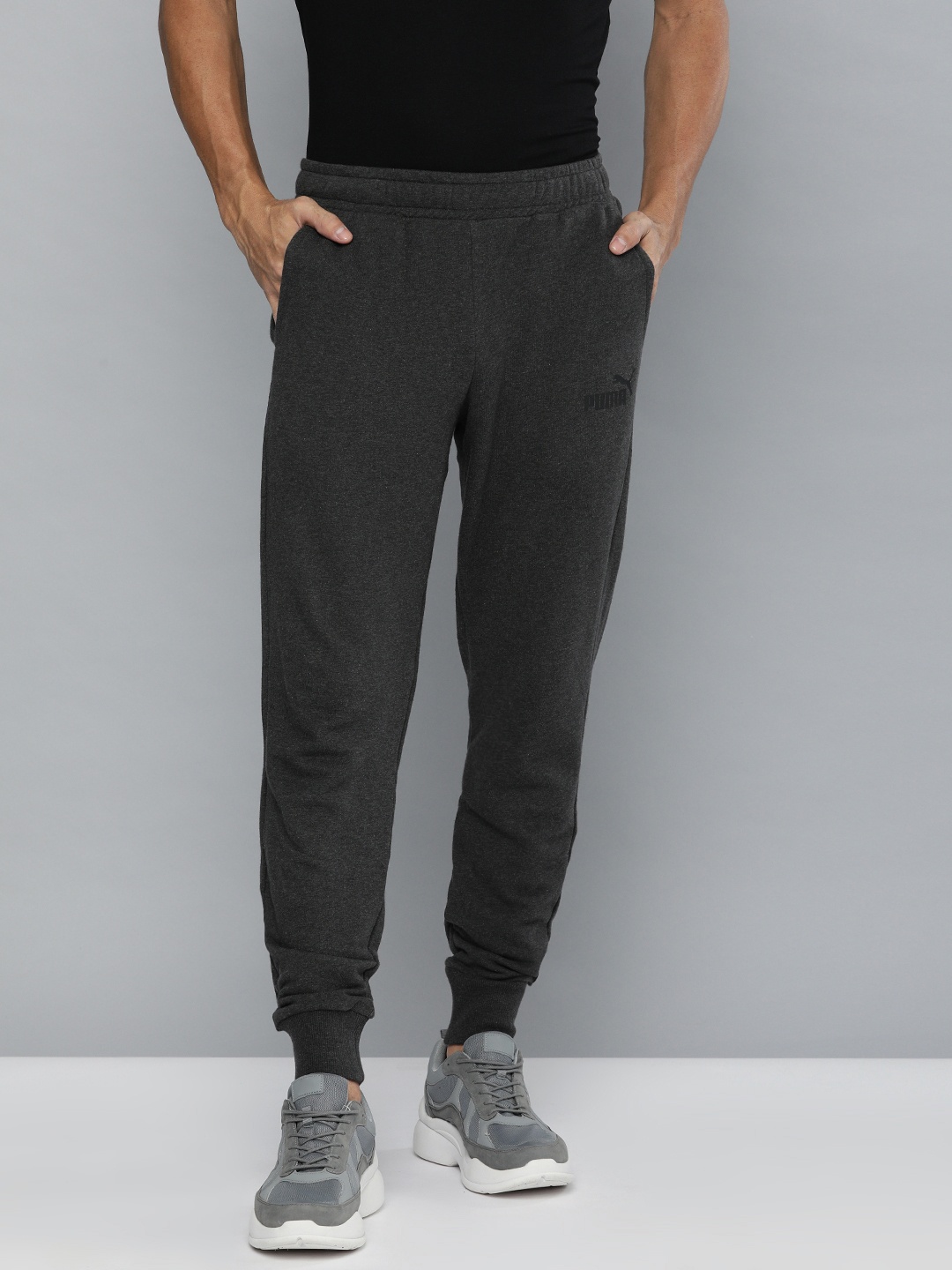 

Puma Men Charcoal Grey Melange Solid Logo Regular Fit Joggers