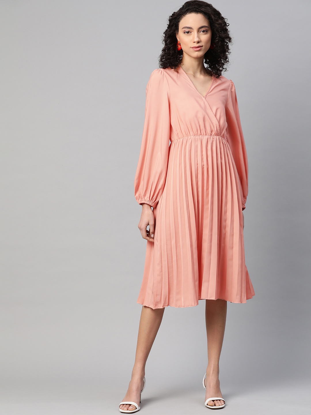 

plusS Women Peach-Coloured Accordion Pleated Solid Wrap Dress