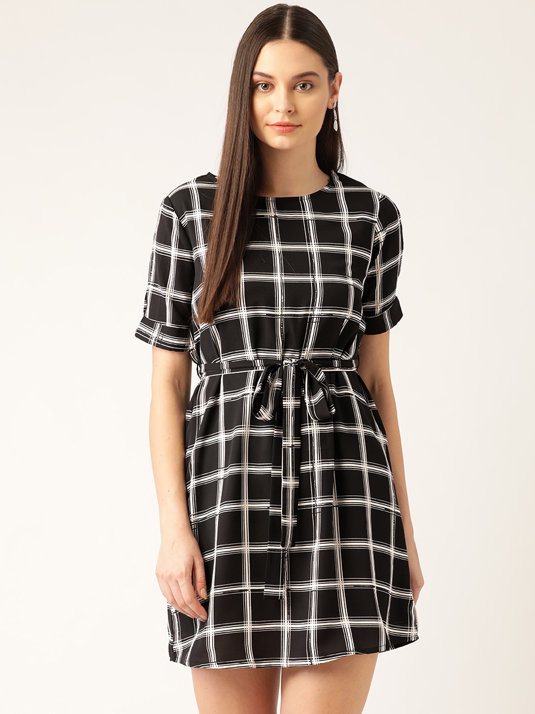 

Rue Collection Women Black & White Checked A-Line Dress with Belt