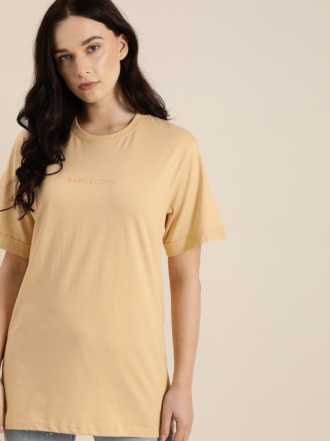 

DILLINGER Women Beige Printed Round Neck Oversized T-shirt