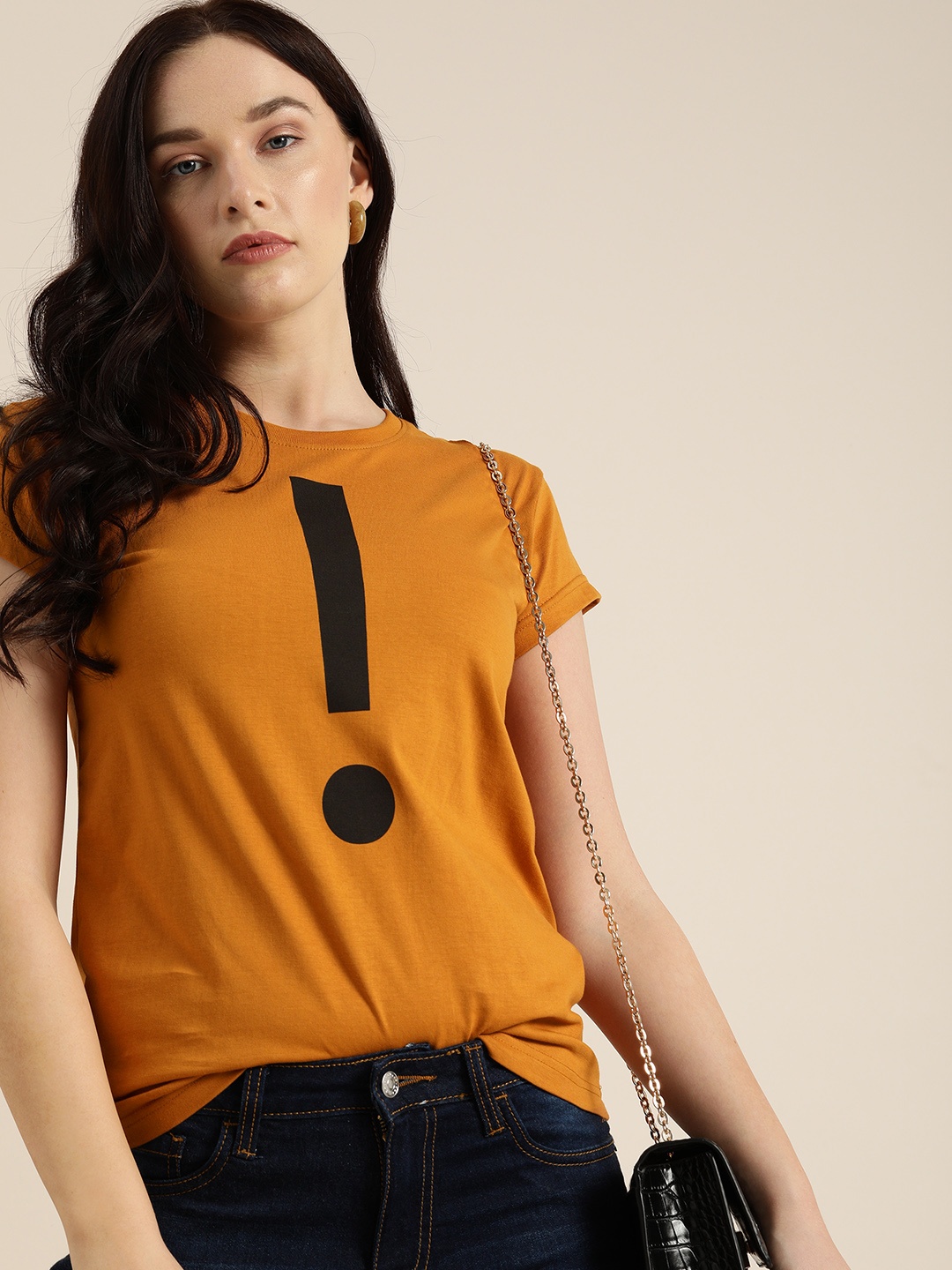 

DILLINGER Women Mustard Printed Round Neck Regular Fit T-shirt