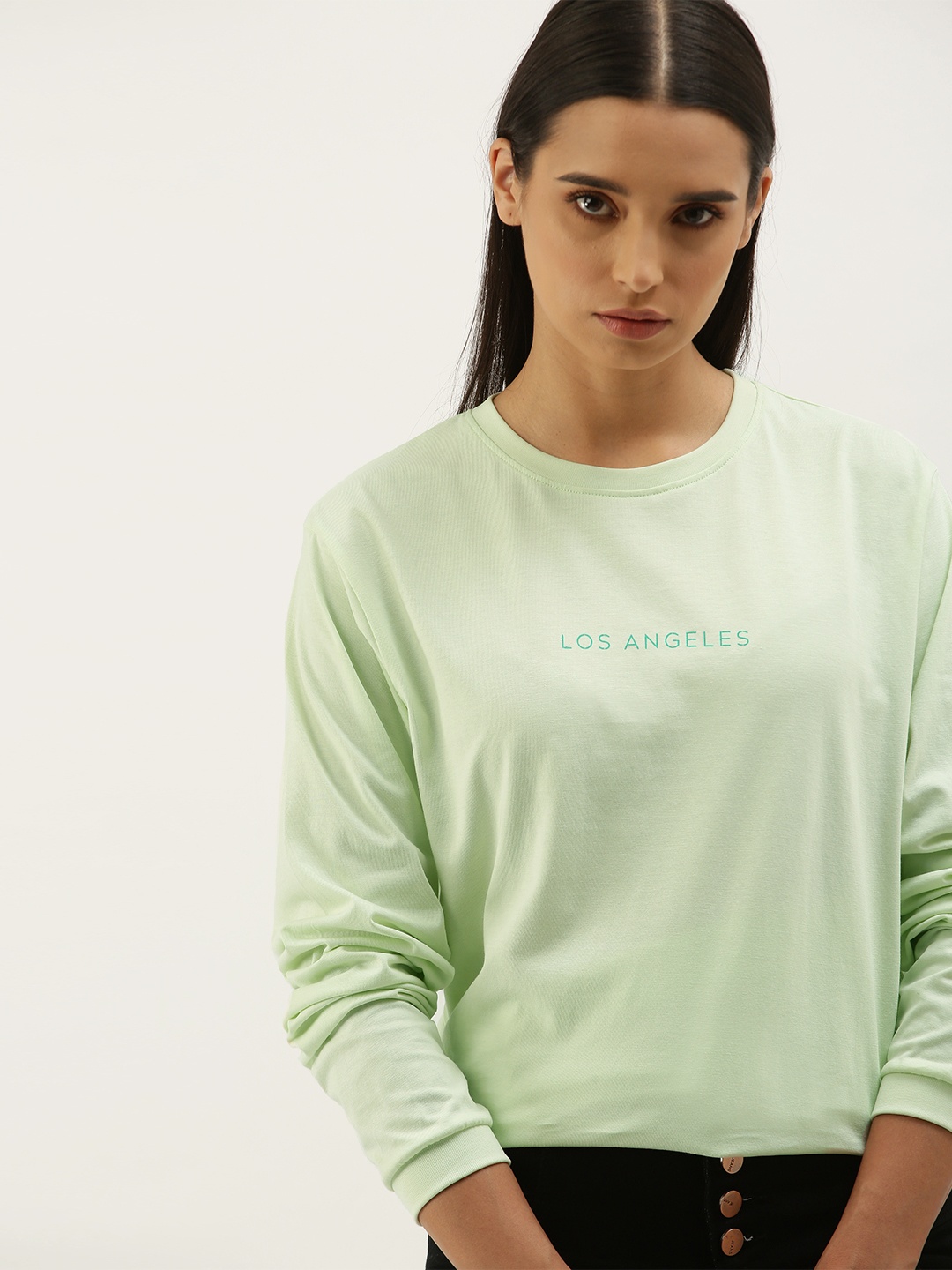 

DILLINGER Women Sea Green Printed Round Neck Oversized Pure Cotton T-shirt