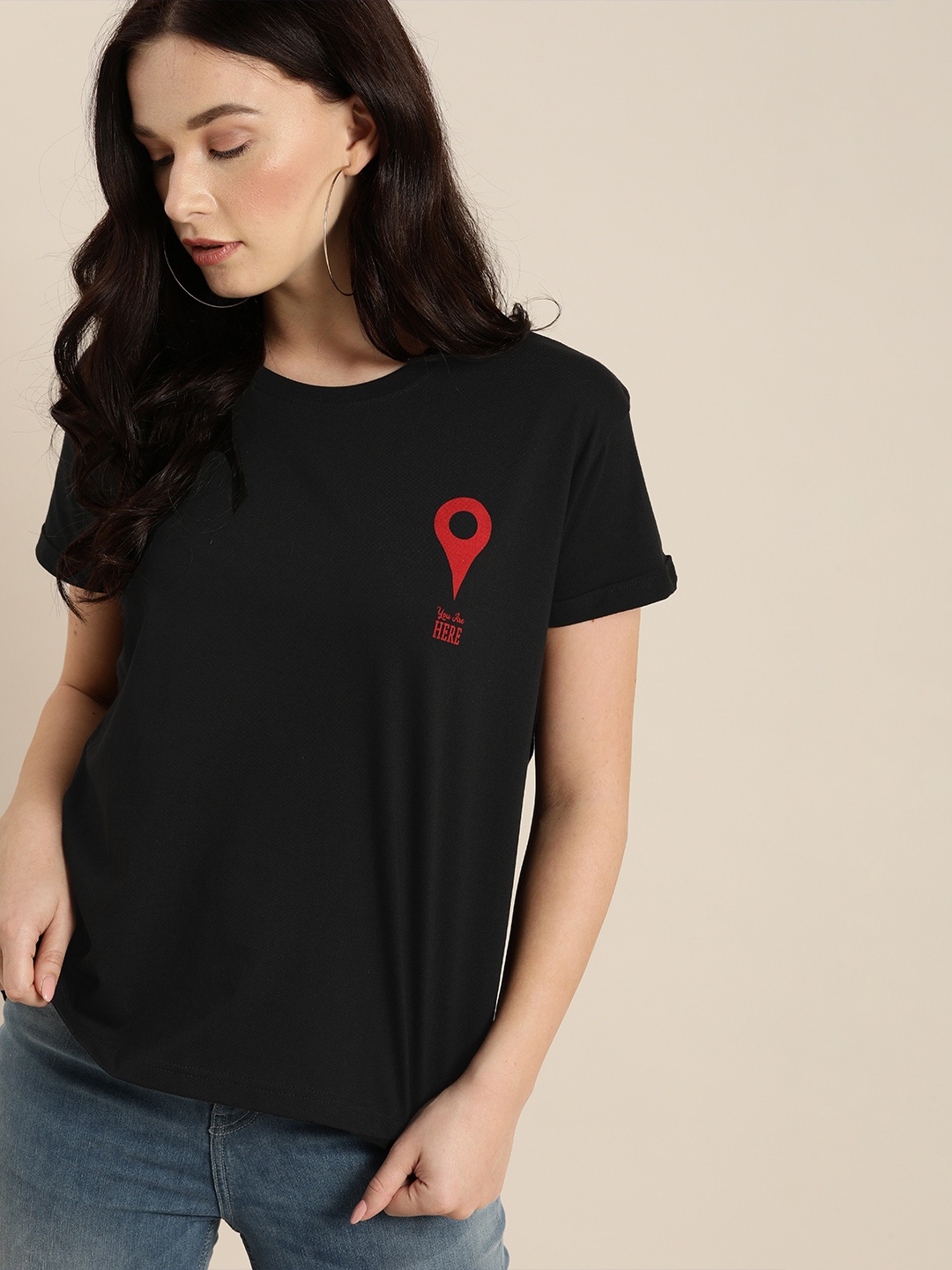 

DILLINGER Women Black Solid Round Neck Boxy Regular T-shirt With Printed Detailing