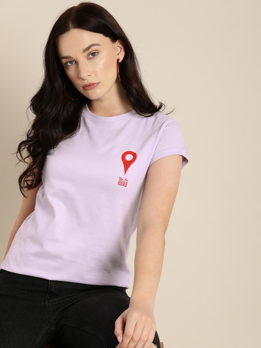 

DILLINGER Women Lavender Solid Round Neck Regular Fit Pure Cotton T-shirt with Print