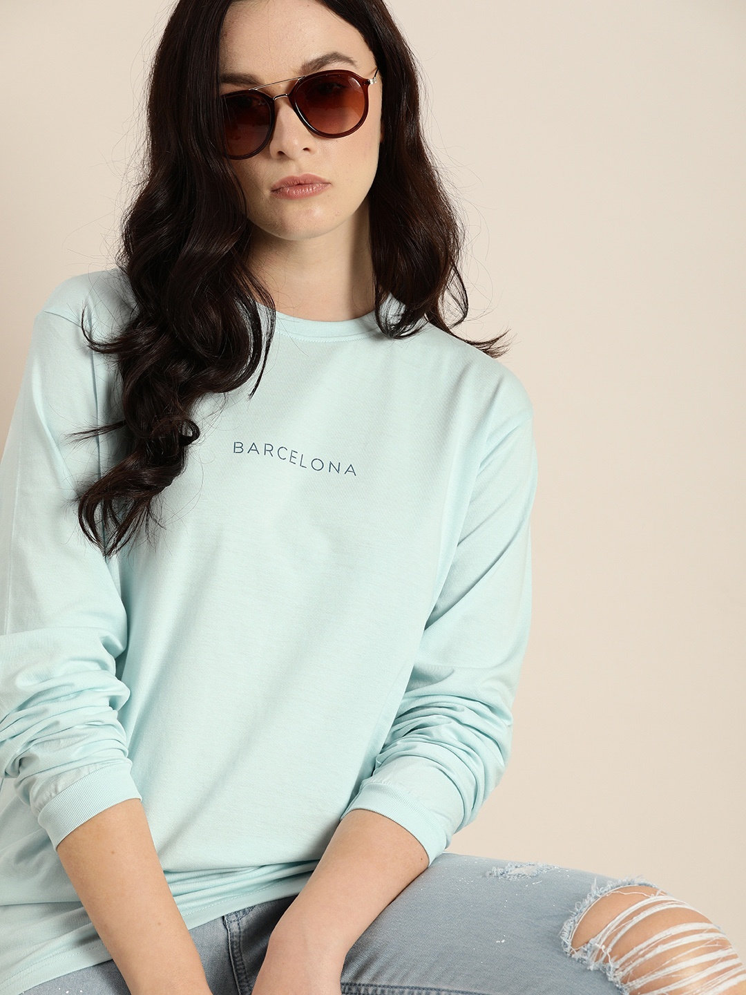

DILLINGER Women Blue Printed Round Neck Oversized T-shirt