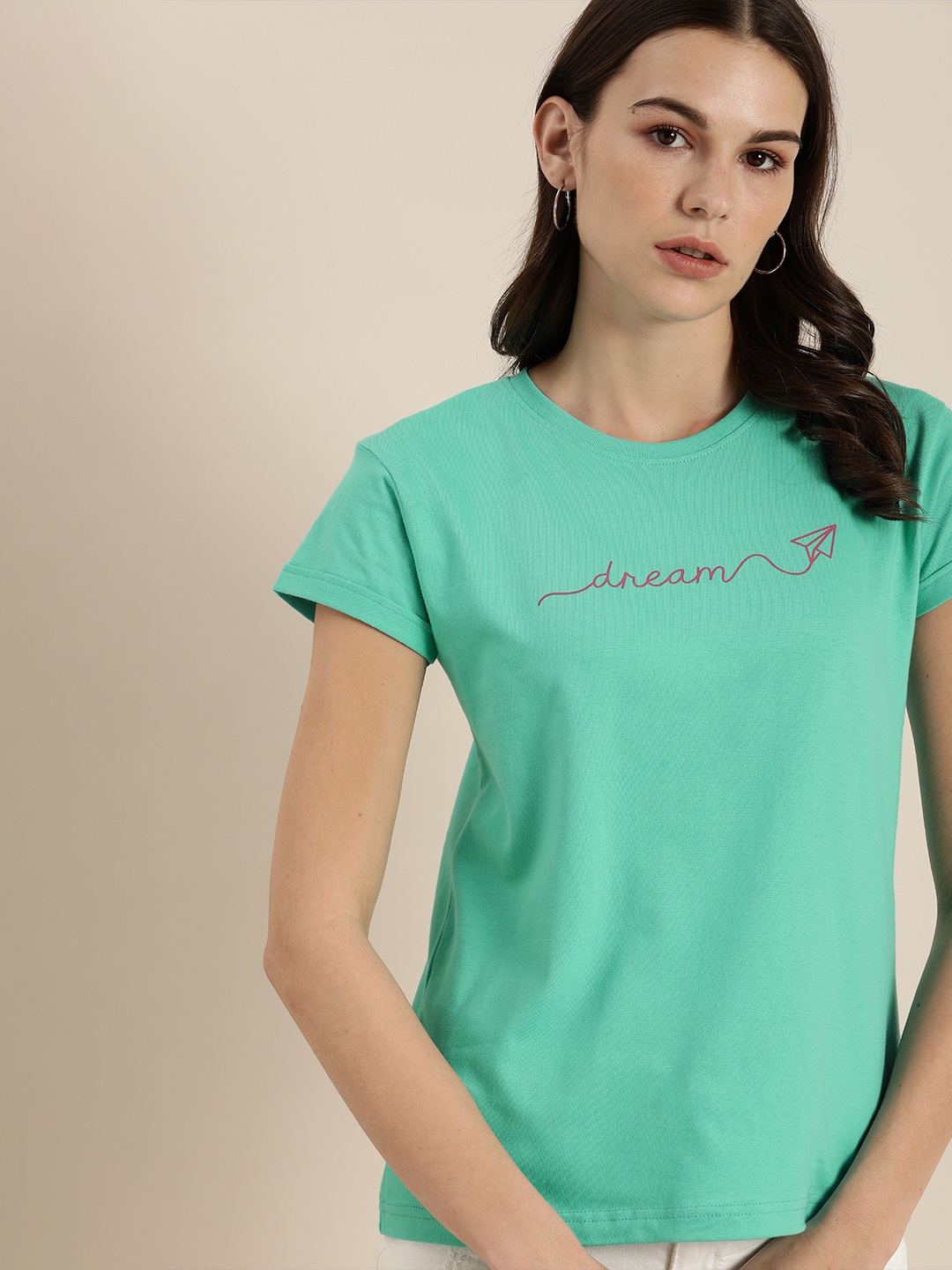

DILLINGER Women Green Solid Pure Cotton Regular Fit Pure Cotton T-shirt