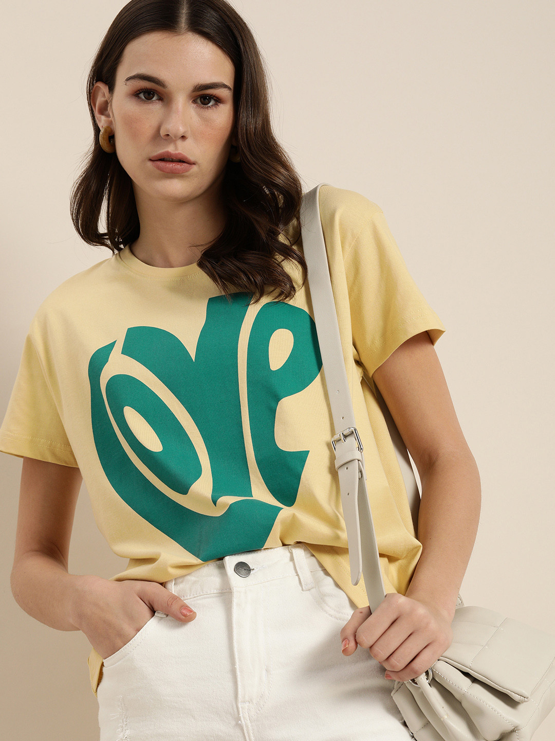 

DILLINGER Women Loose Fit Yellow Printed Round Neck Boxy Regular Pure Cotton T-shirt