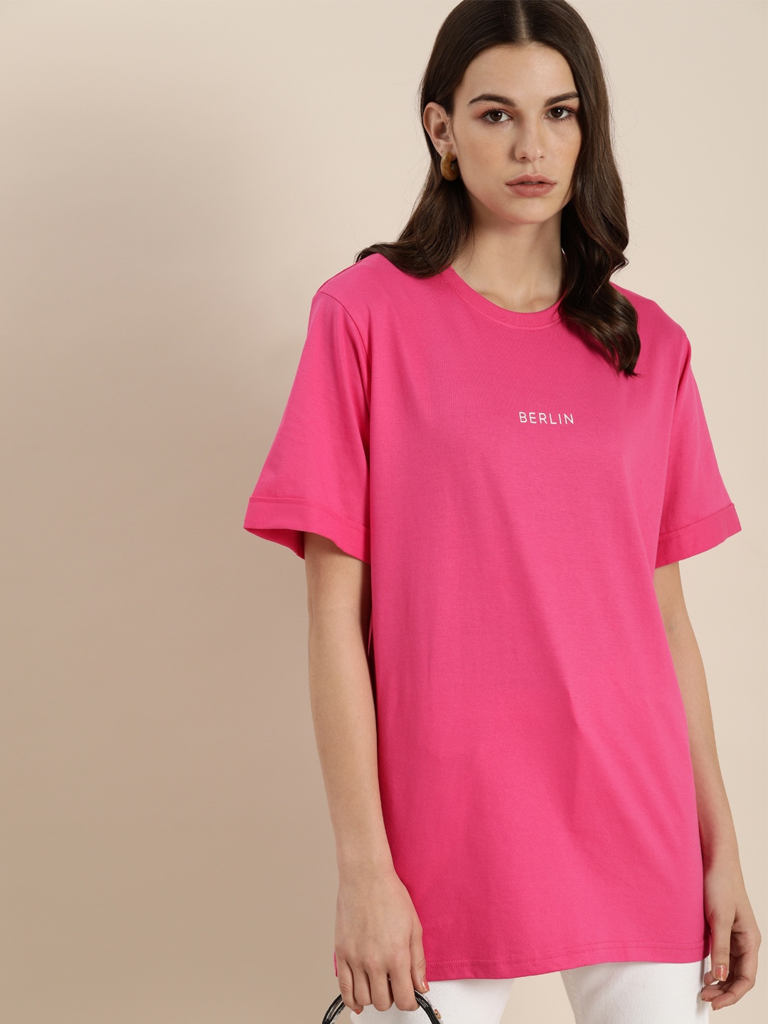 

DILLINGER Women Pink Printed Round Neck Longline Oversized T-shirt