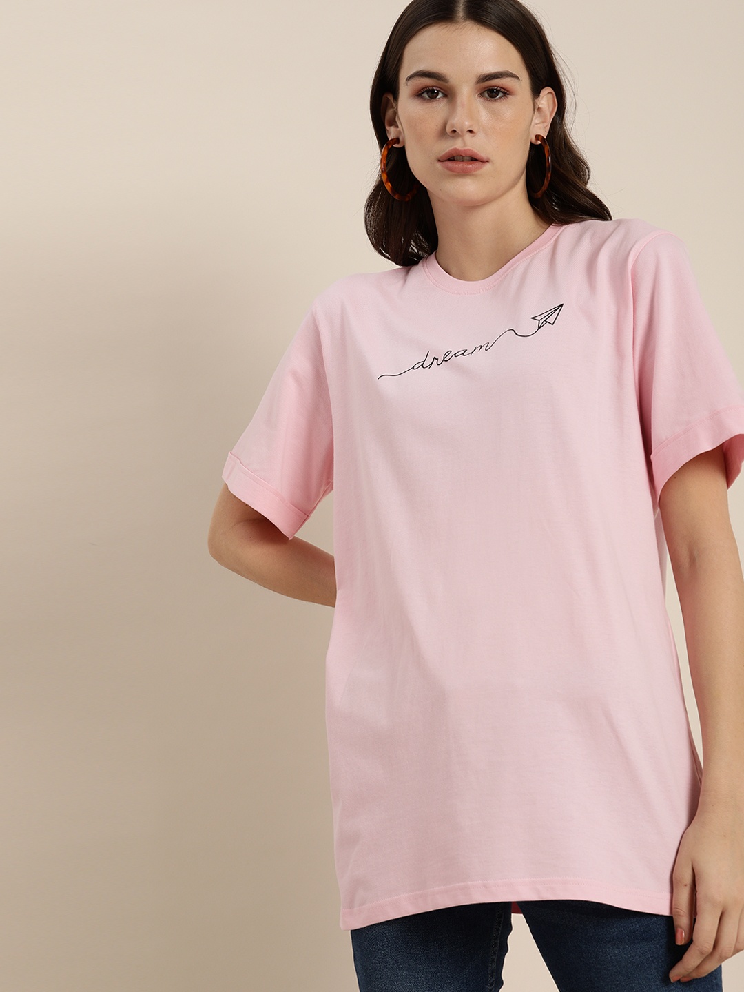 

DILLINGER Women Pink Printed Round Neck Oversized T-shirt