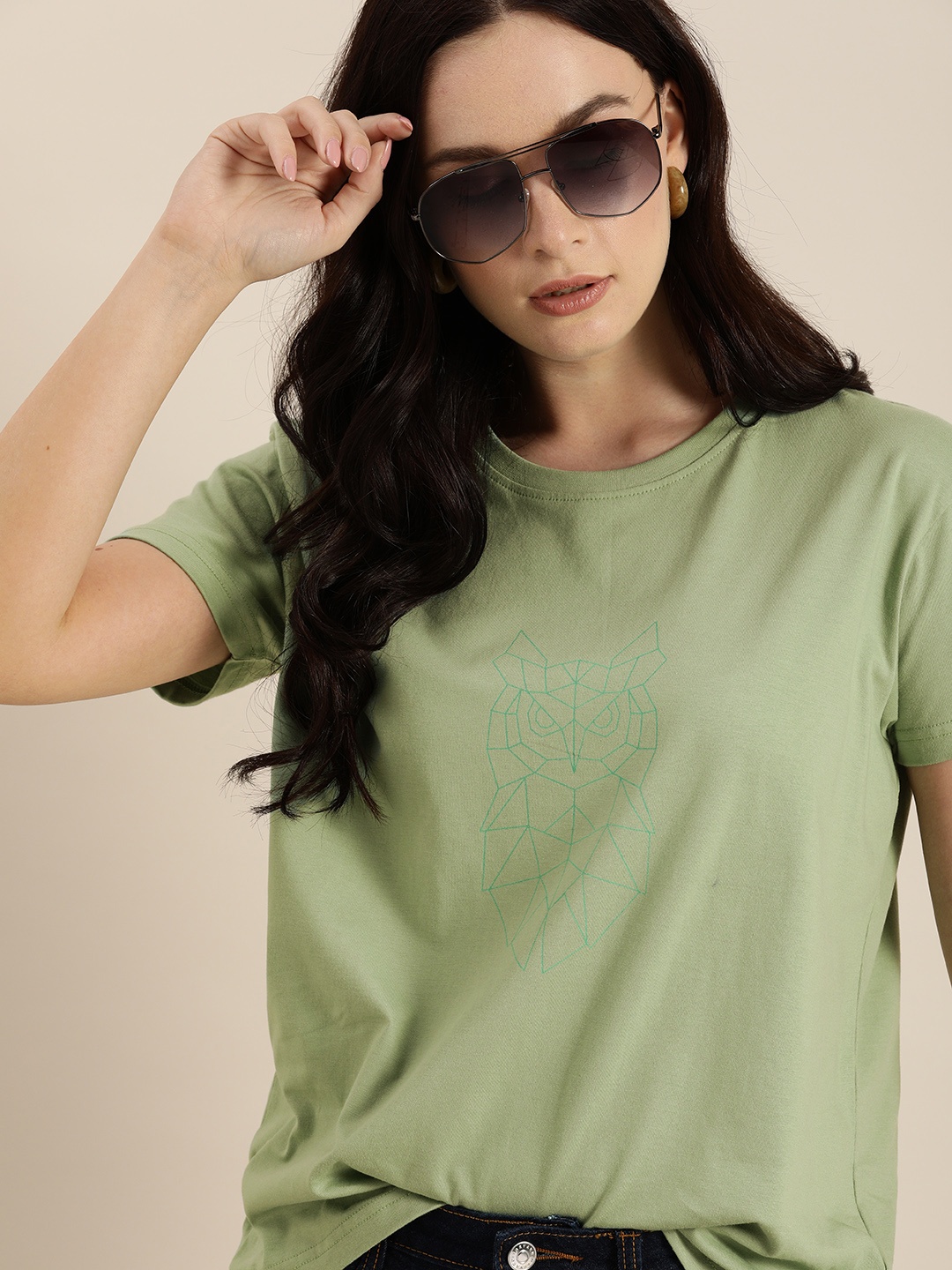 

DILLINGER Women Green Oversized Fit Solid Round Neck Boxy Regular Pure Cotton T-shirt with Print