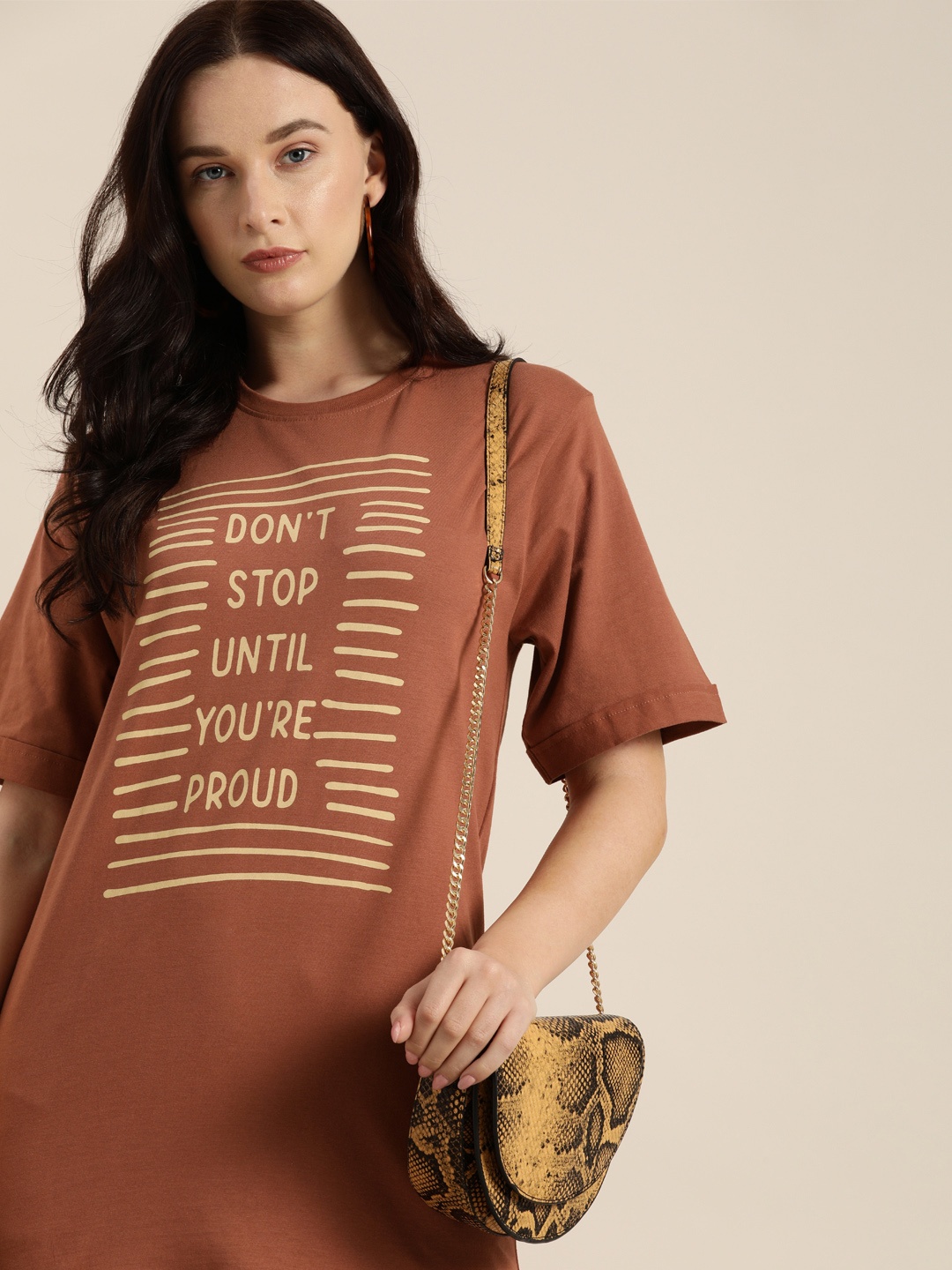 

DILLINGER Women Brown Printed Round Neck Longline Oversized Pure Cotton T-shirt