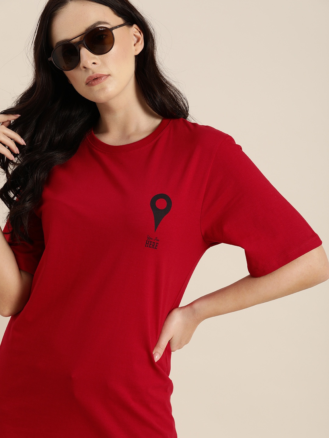 

DILLINGER Women Red Printed Round Neck Oversized T-shirt