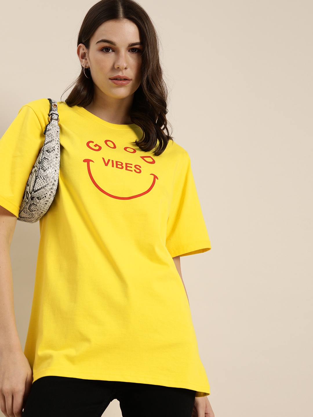 

DILLINGER Women Yellow Printed Round Neck Pure Cotton Oversized Pure Cotton T-shirt