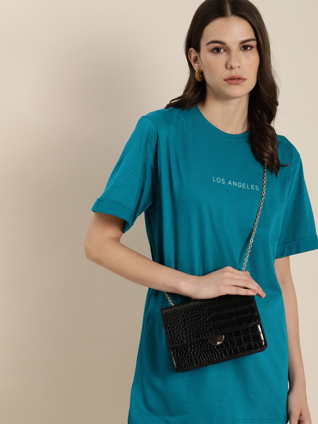 

DILLINGER Women Blue Solid Round Neck Longline Oversized Pure Cotton T-shirt with Print