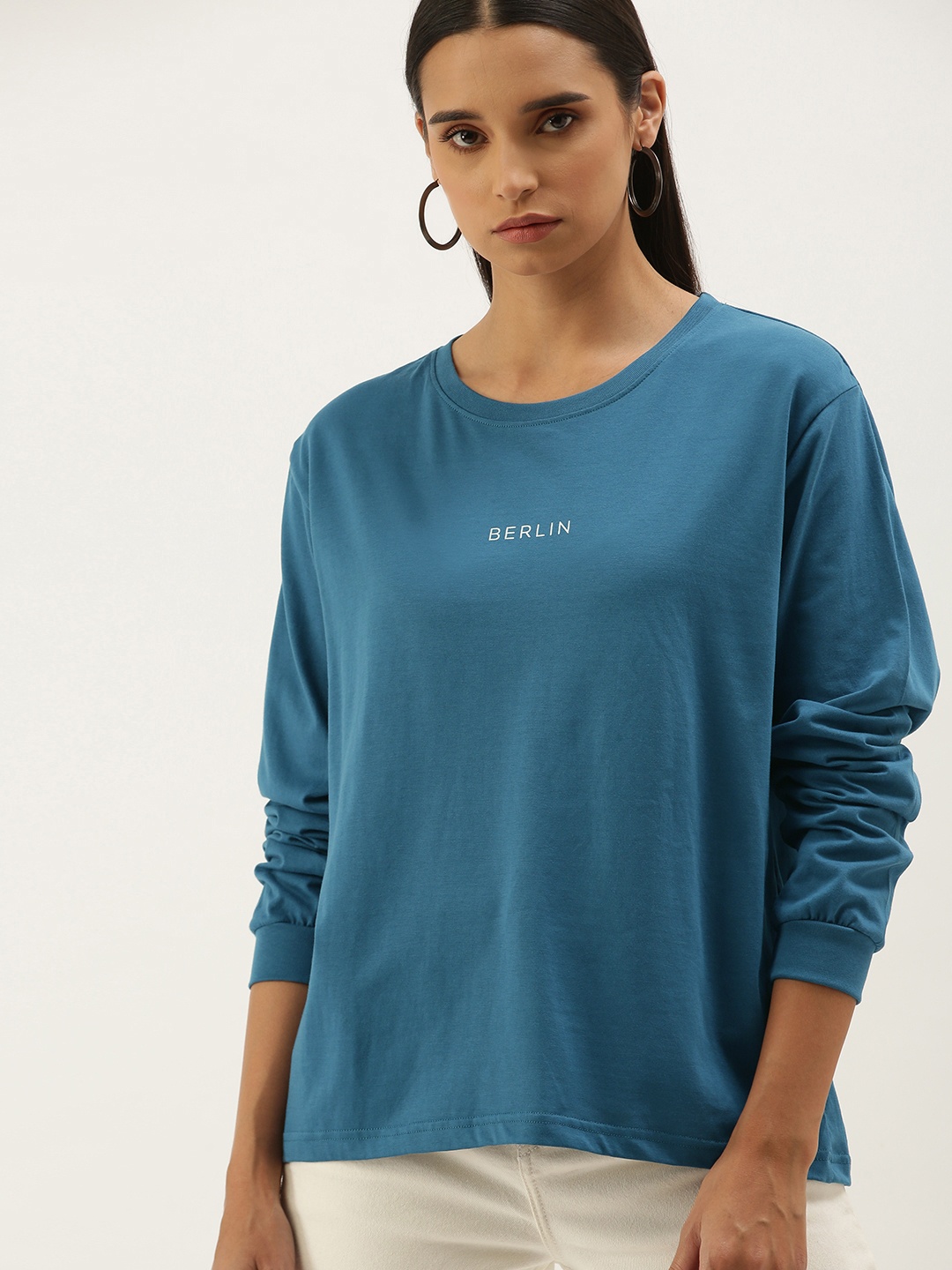 

DILLINGER Women Blue Typographic Printed Round Neck Boxy Regular Pure Cotton T-shirt