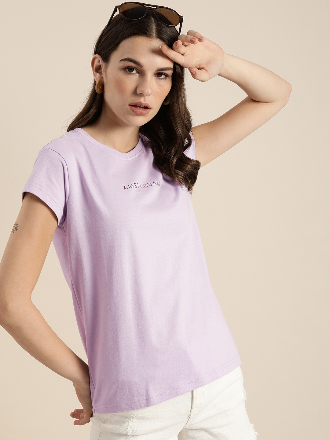 

DILLINGER Women Lavender Solid Round Neck Regular Fit T-shirt With Printed Detailing