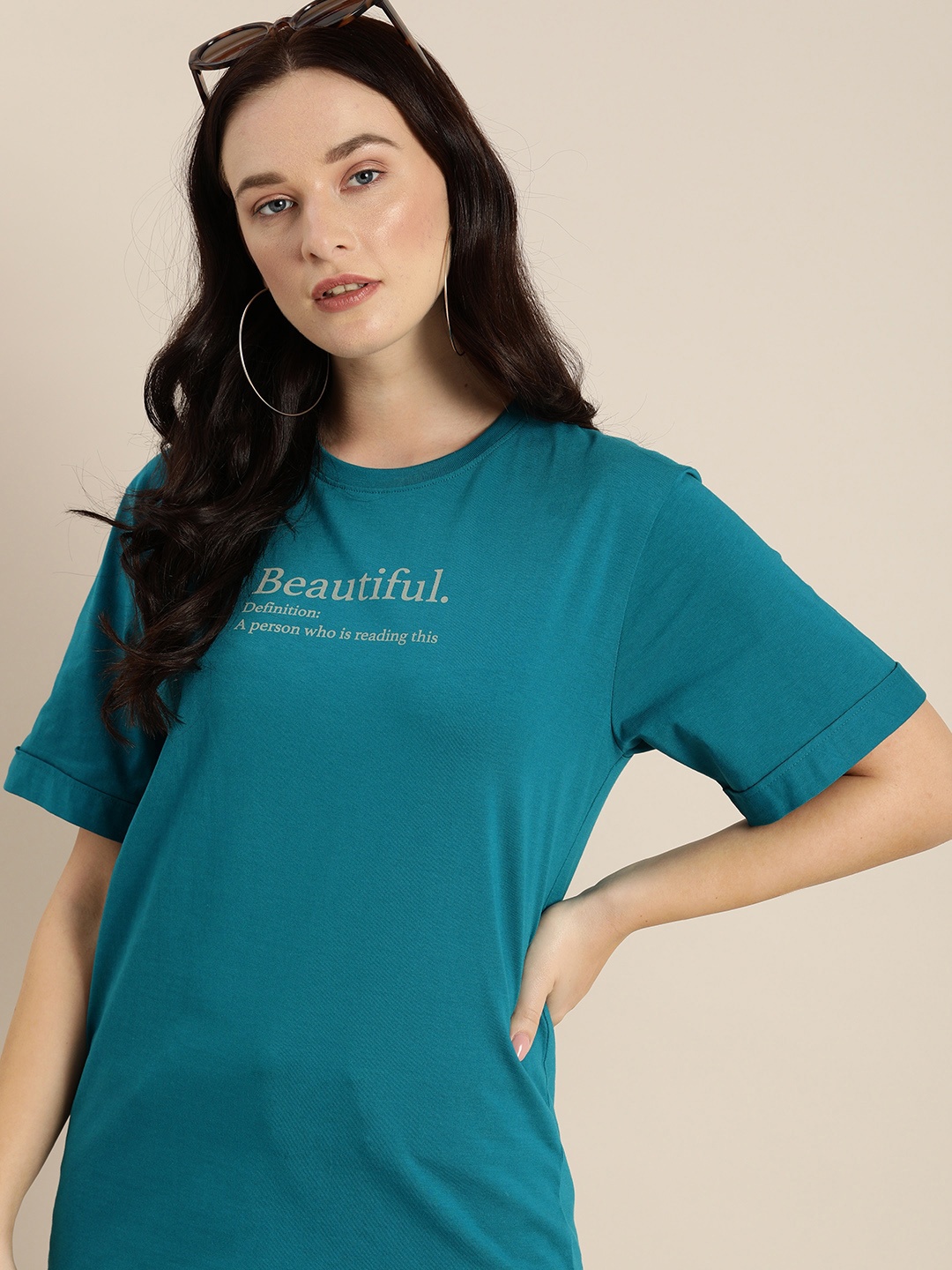 

DILLINGER Women Teal Blue Printed Round Neck Longline Oversized Pure Cotton T-shirt
