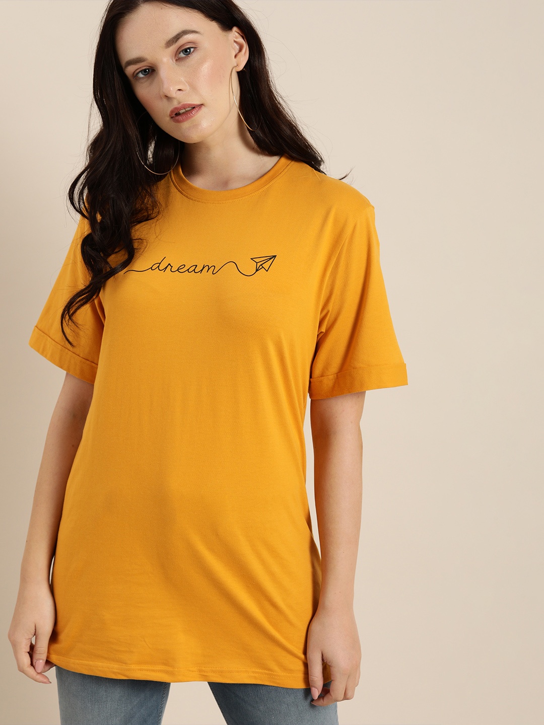 

DILLINGER Women Mustard Yellow Solid Round Neck Oversized T-shirt With Printed Detailing