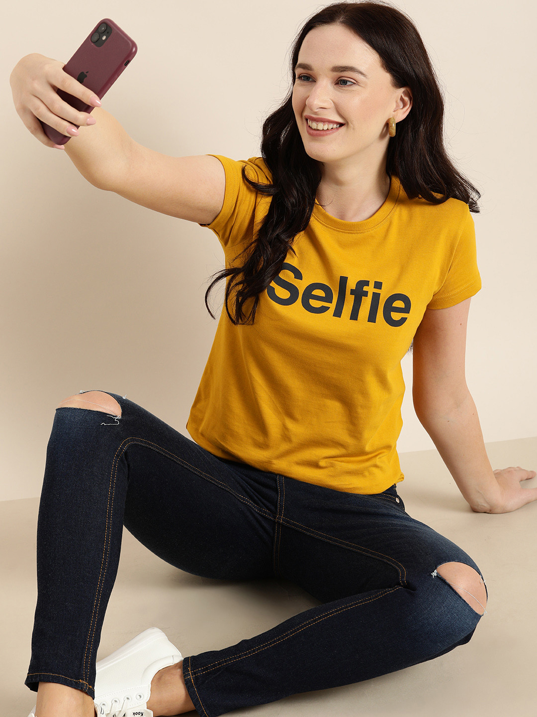 

DILLINGER Women Mustard Printed Round Neck Regular Fit T-shirt