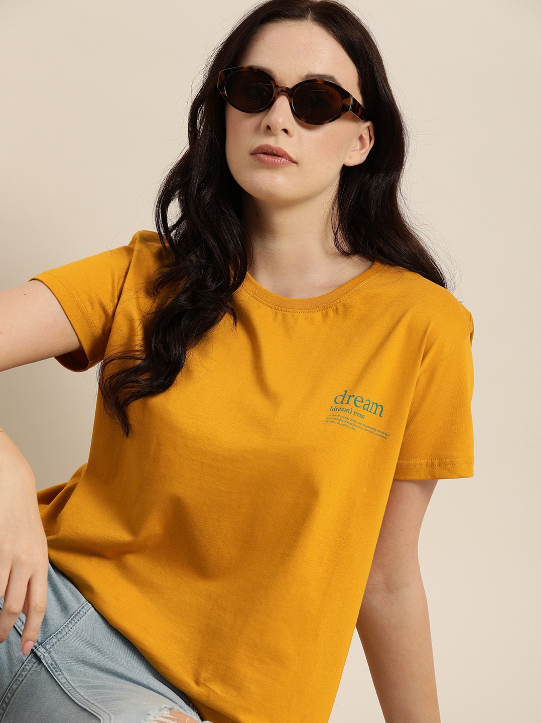 

DILLINGER Women Yellow Printed Round Neck Boxy Regular T-shirt