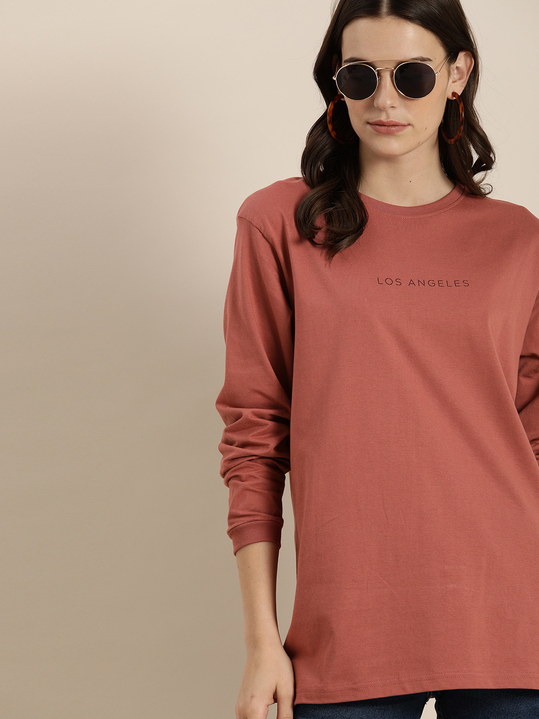 

DILLINGER Women Brown Printed Round Neck Oversized T-shirt