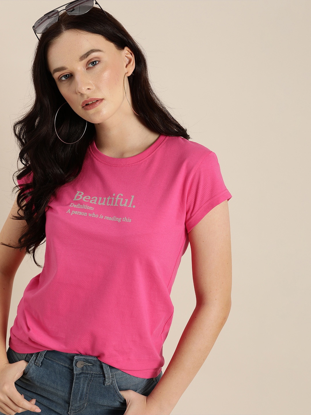 

DILLINGER Women Pink Printed Round Neck Regular Fit Pure Cotton T-shirt