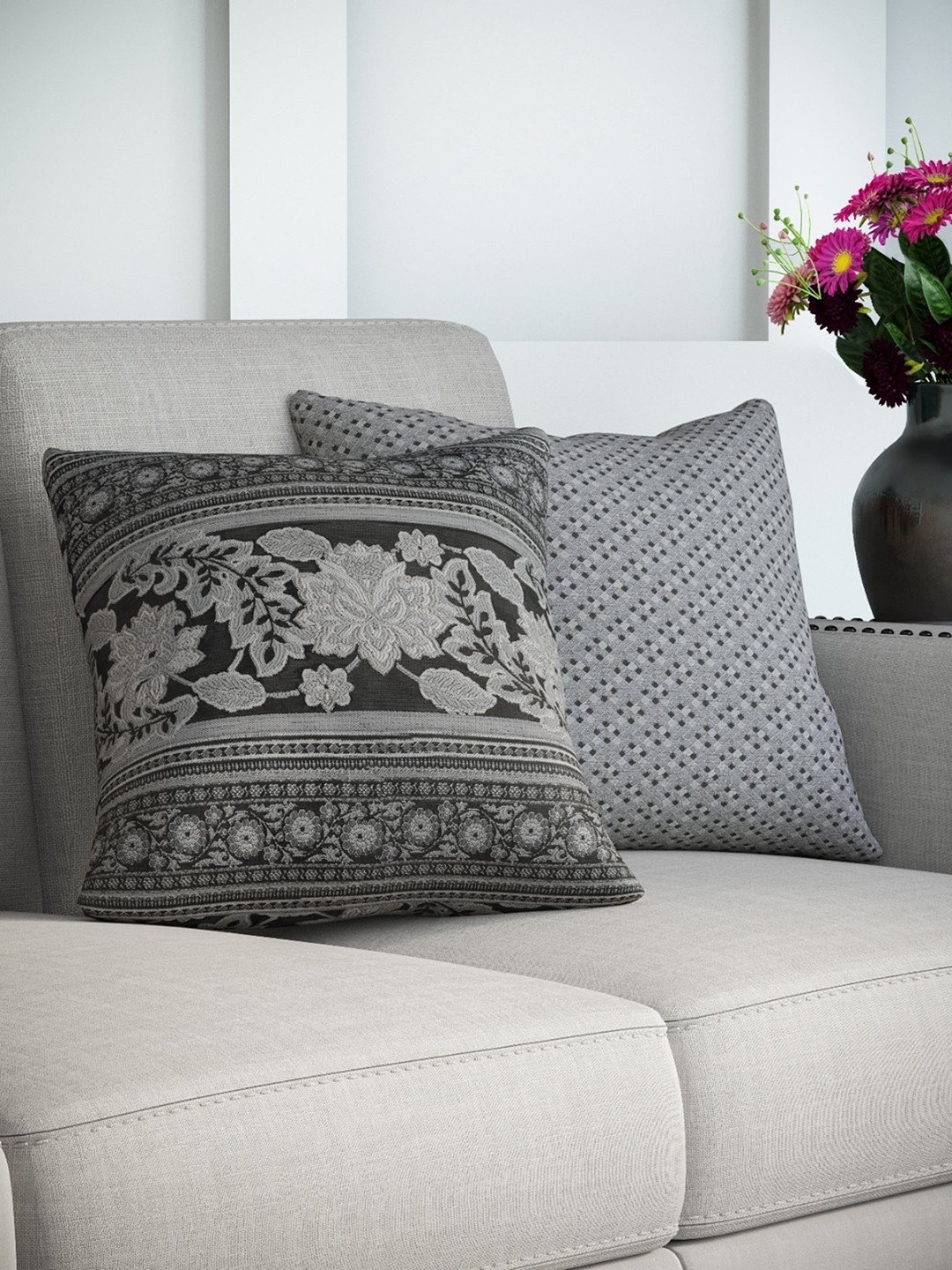 

DDecor Grey & Black Set of 2 Ethnic Motifs Square Cushion Covers