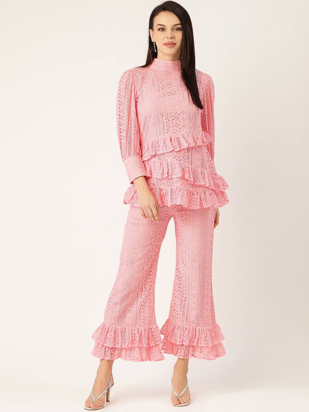 

Cottinfab Women Pink Self Design Pure Cotton Ruffled Top with Palazzos