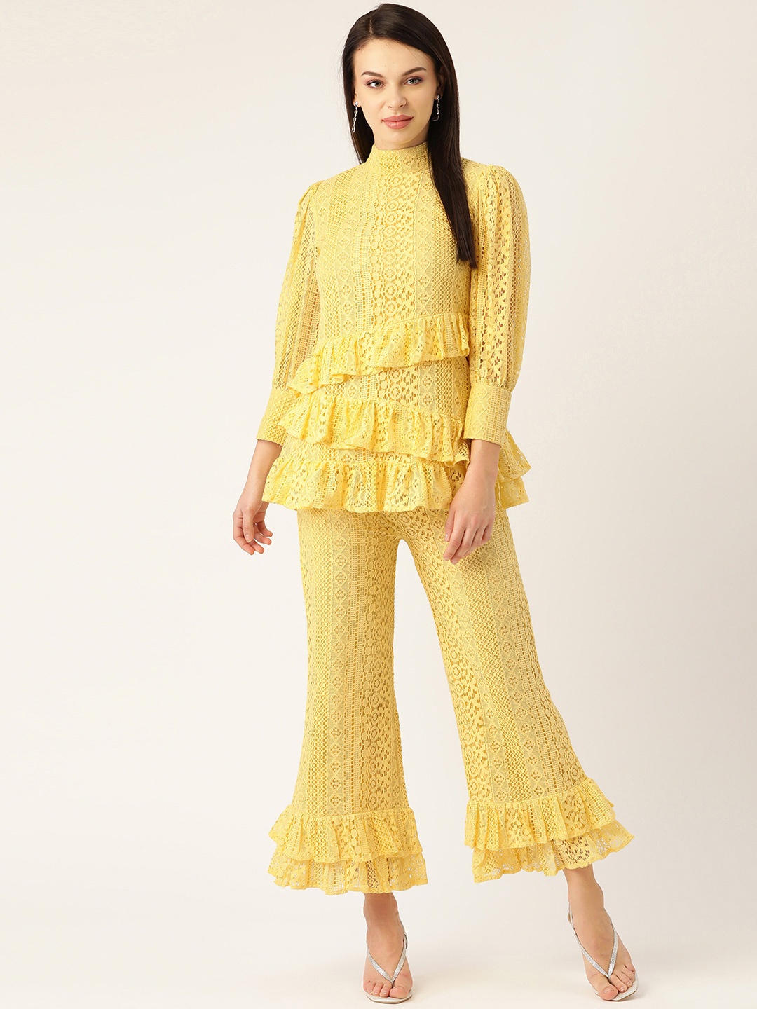 

Cottinfab Women Yellow Self Design Pure Cotton Ruffled Top with Palazzos