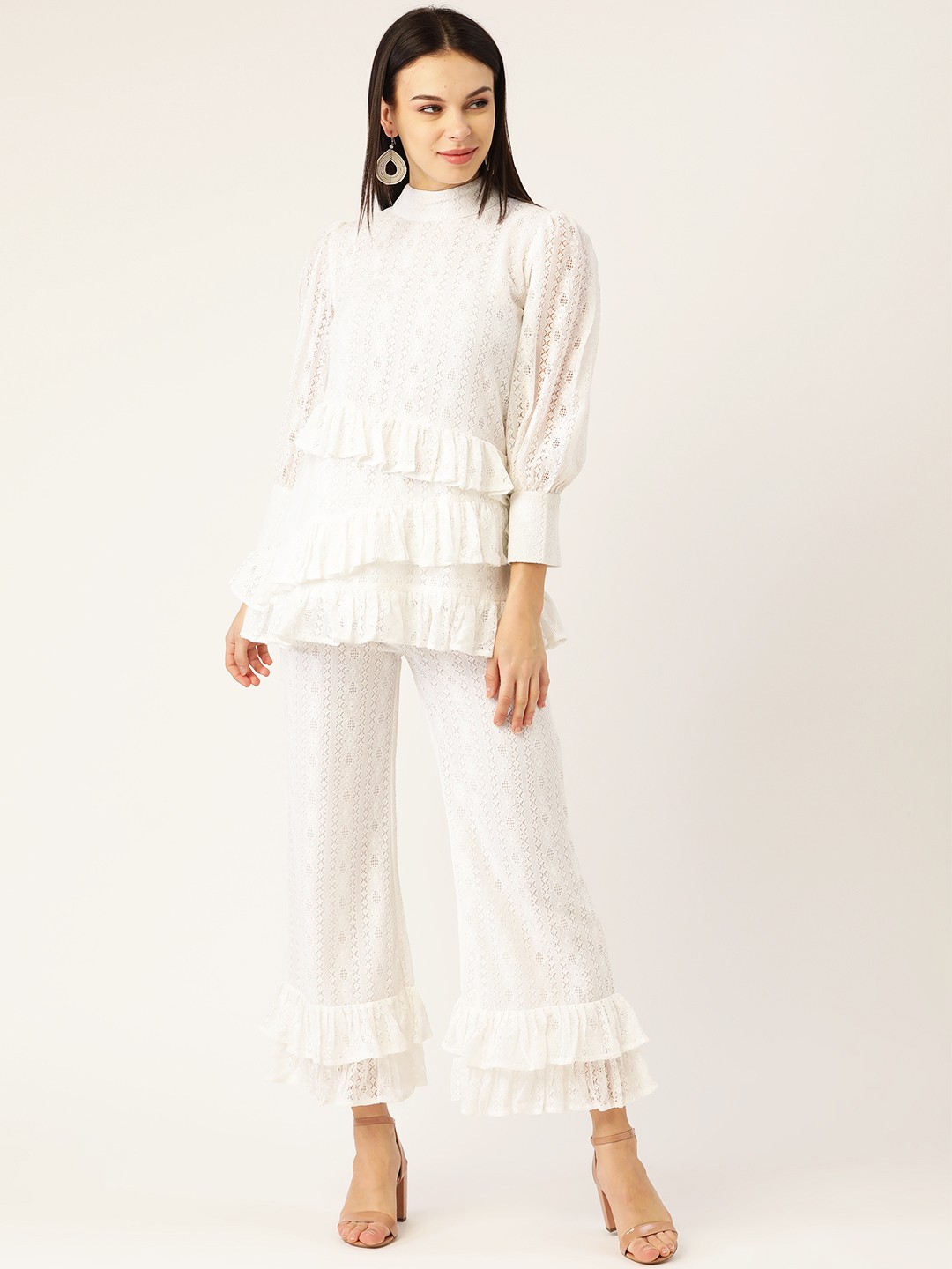 

Cottinfab Women White Self Design Pure Cotton Ruffled Top with Palazzos