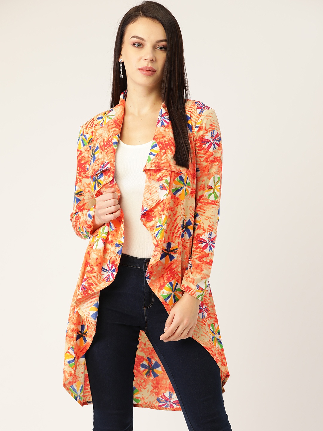 

Cottinfab Women Orange & Blue Abstract Print Open Front Shrug