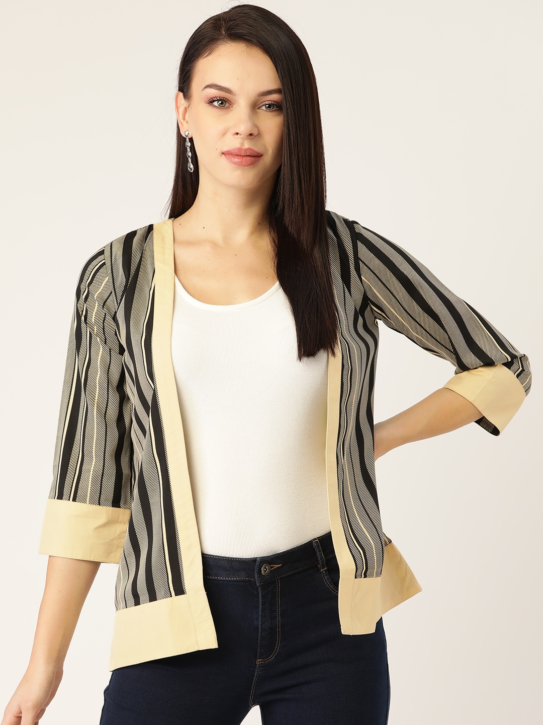 

Cottinfab Women Black & Off-White Striped Open Front Shrug